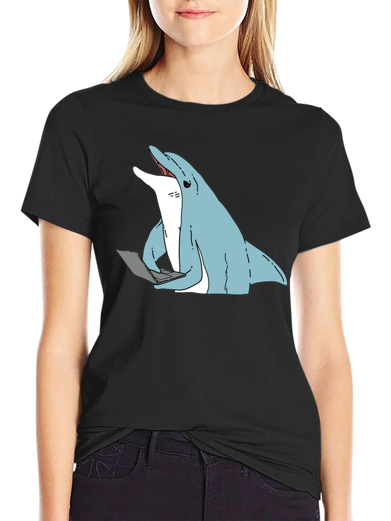 Dolphin Laptop Tee - Casual Cotton Blend T-Shirt