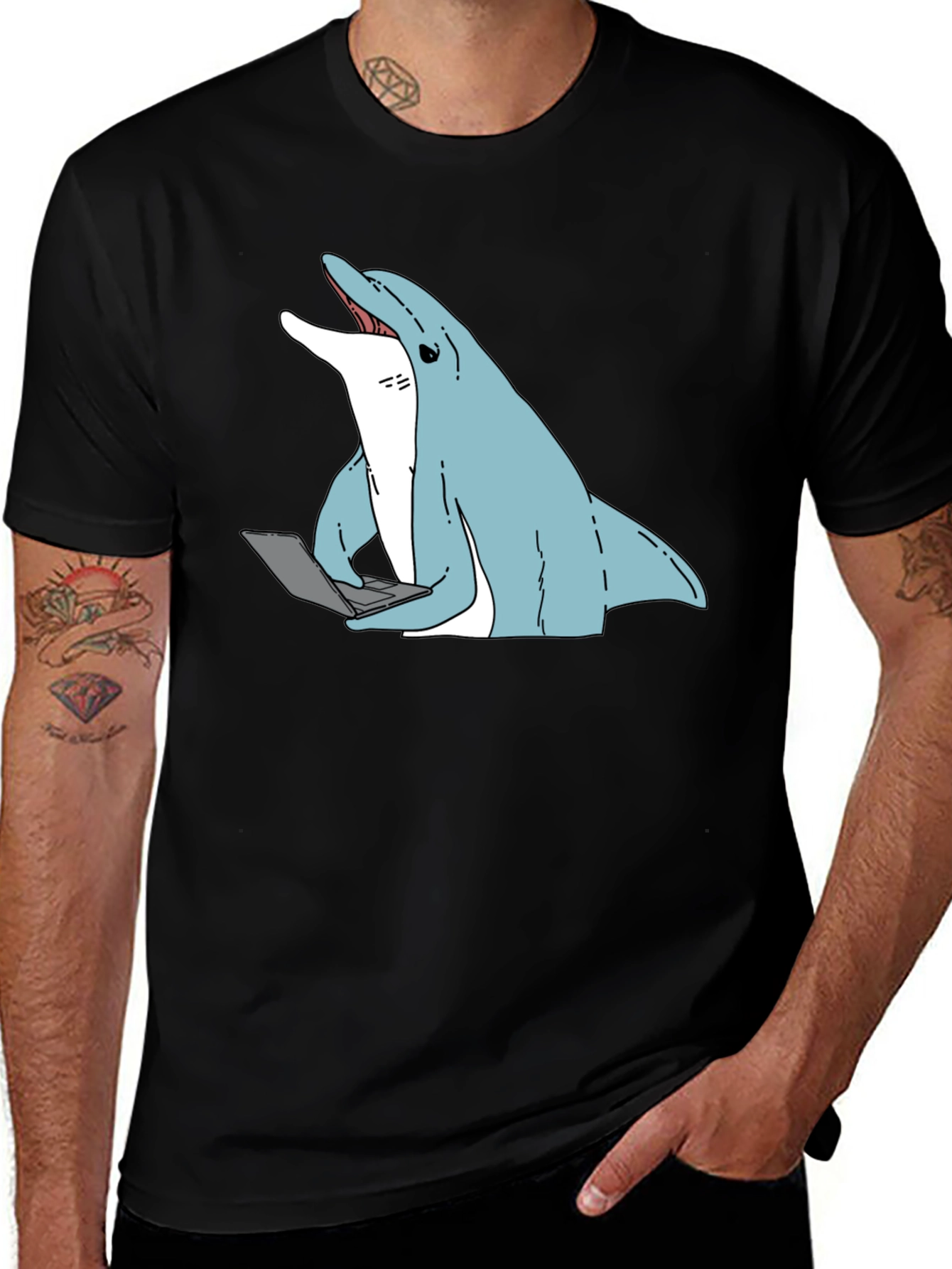 Dolphin Laptop Tee - Casual Cotton Blend T-Shirt