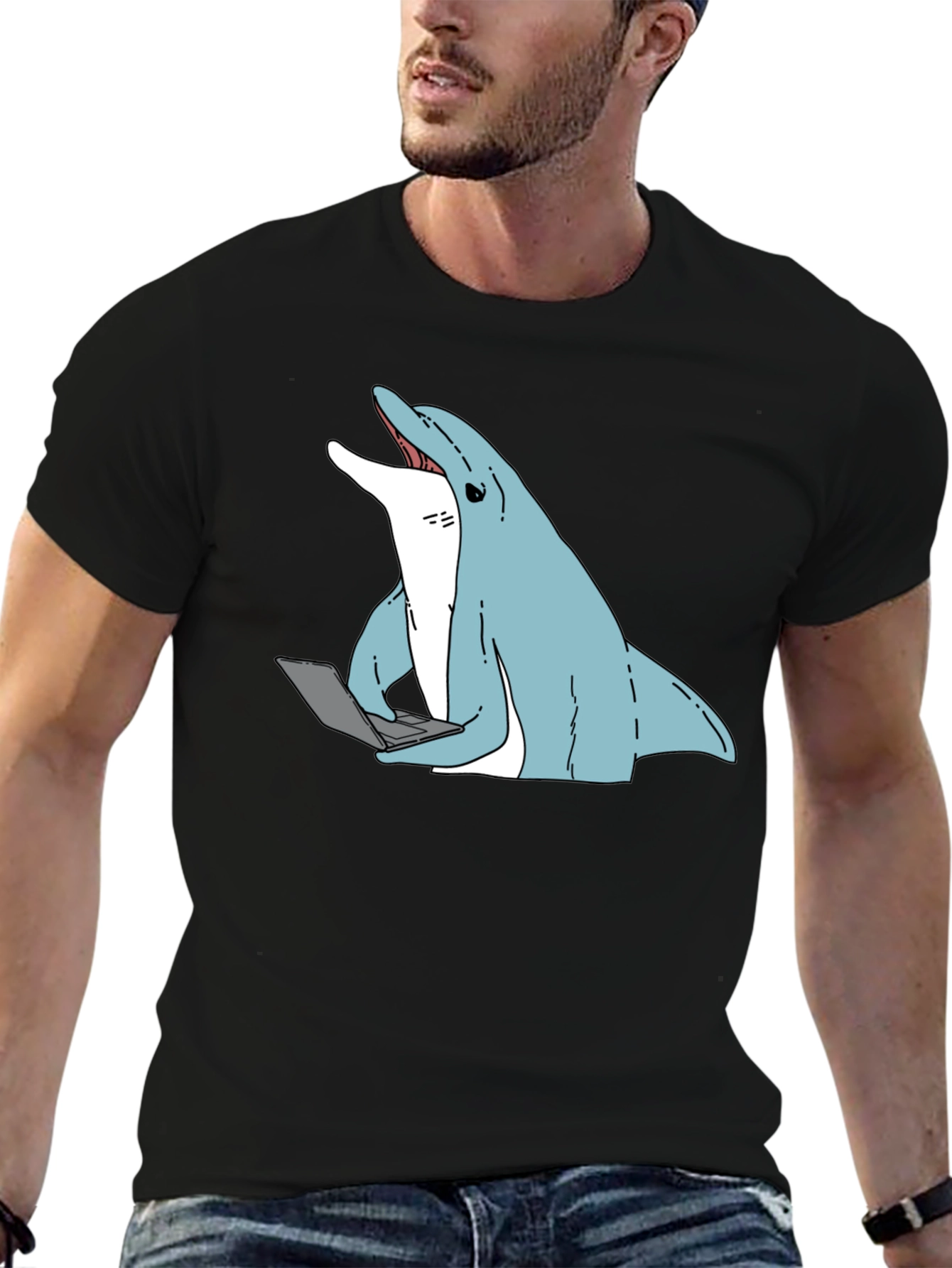 Dolphin Laptop Tee - Casual Cotton Blend T-Shirt