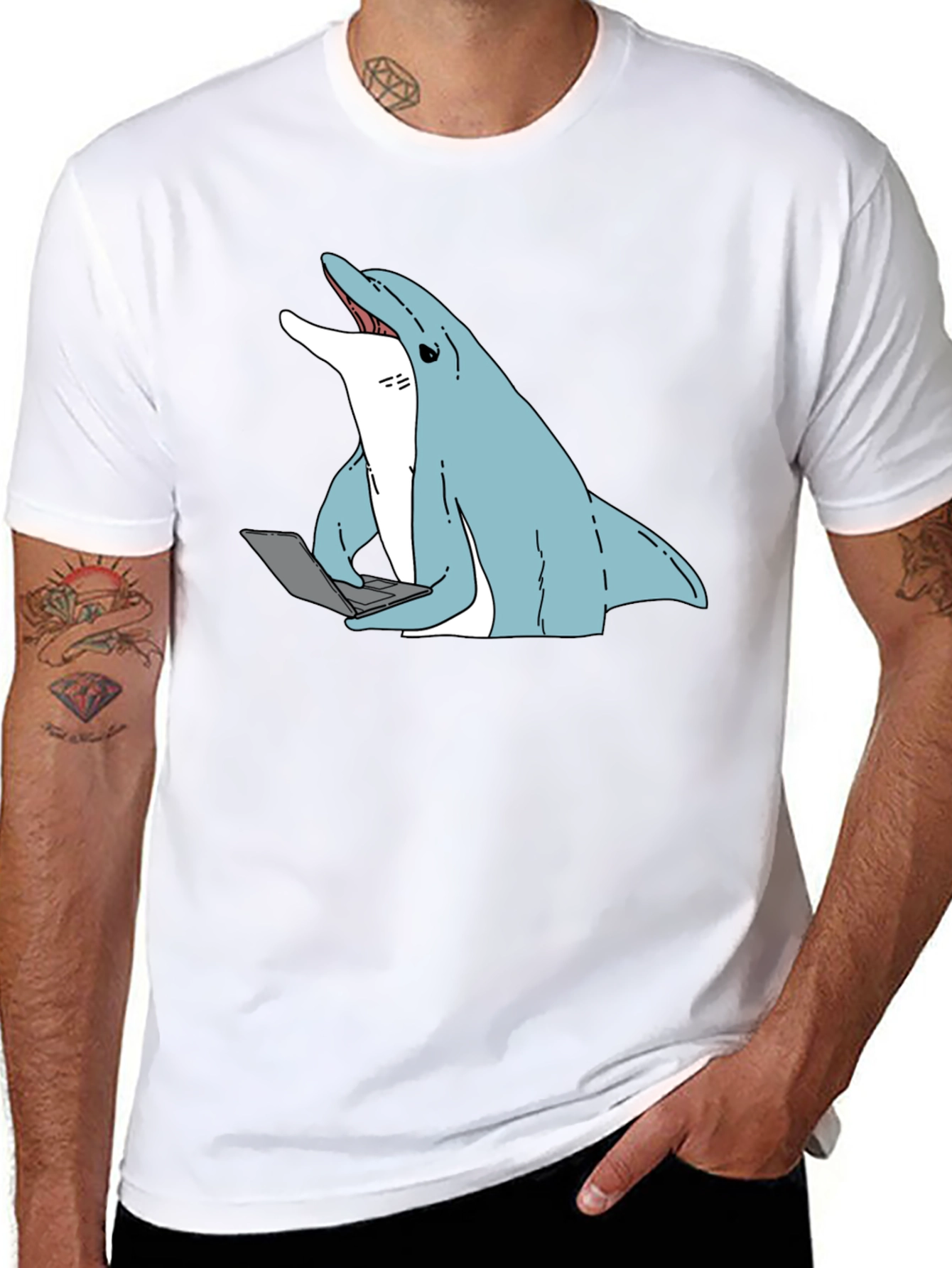 Dolphin Laptop Tee - Casual Cotton Blend T-Shirt