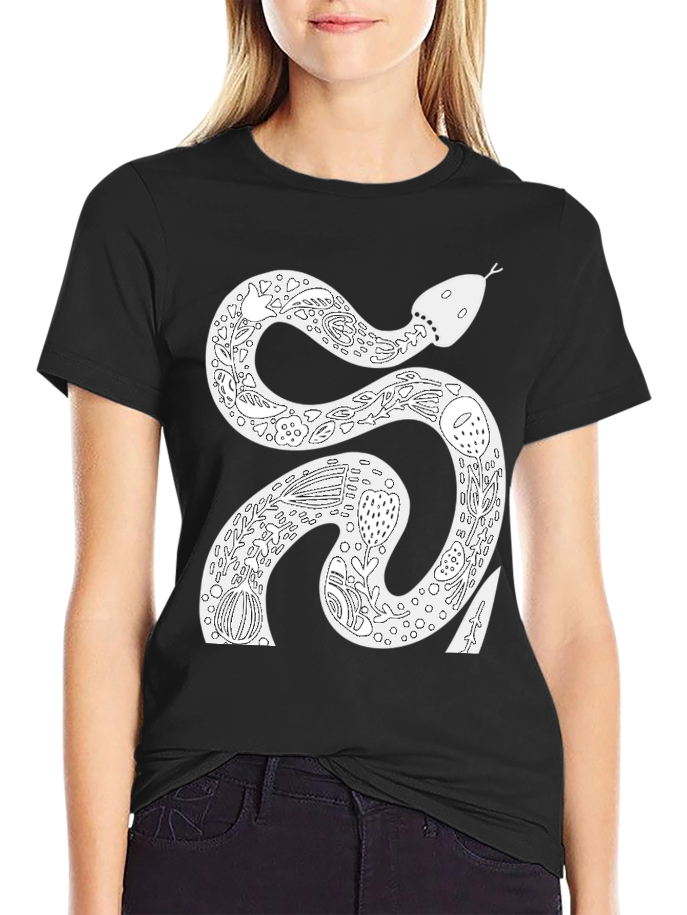 Snake Floral Graphic Tee - Black Cotton T-Shirt
