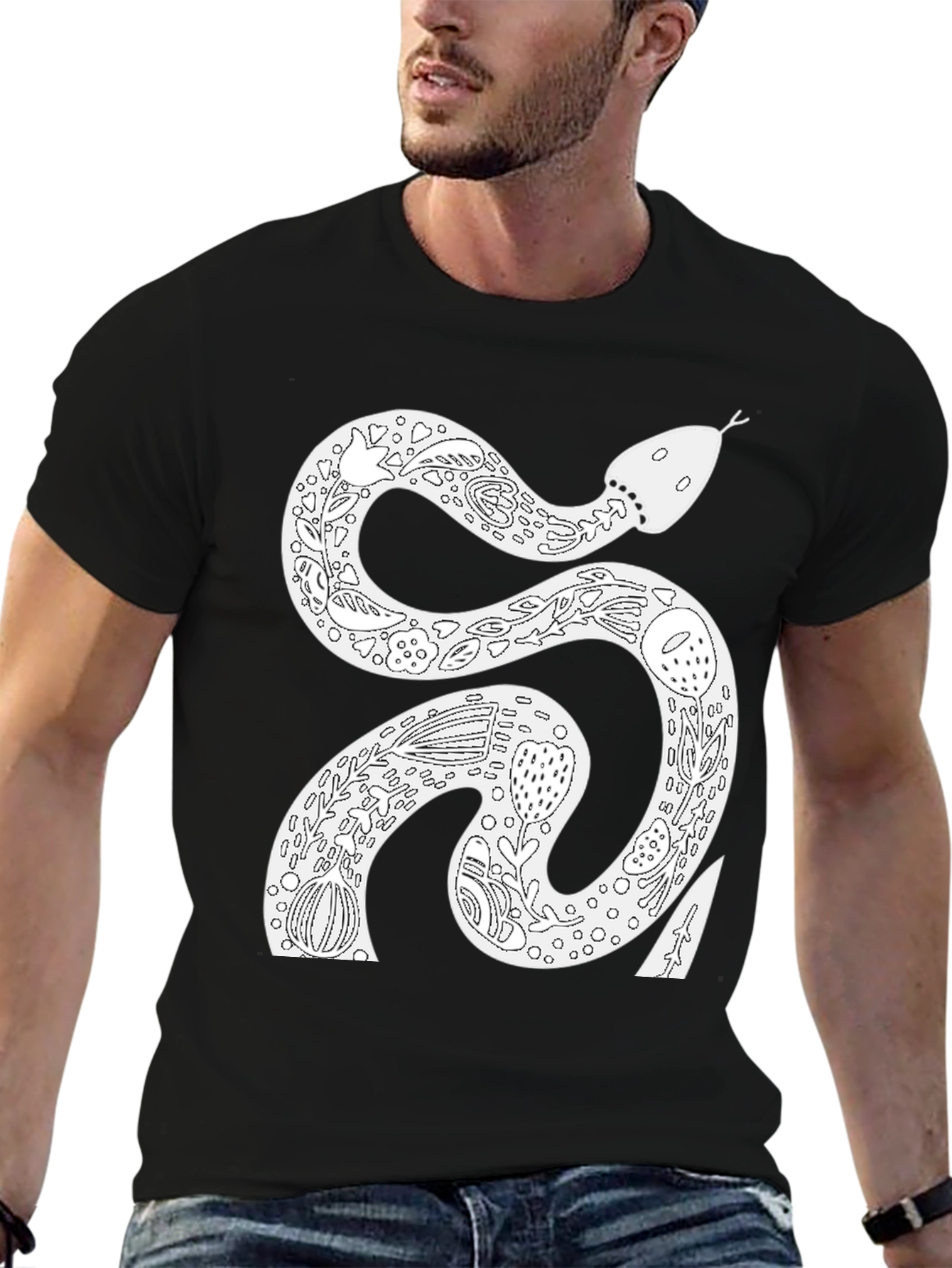 Snake Floral Graphic Tee - Black Cotton T-Shirt