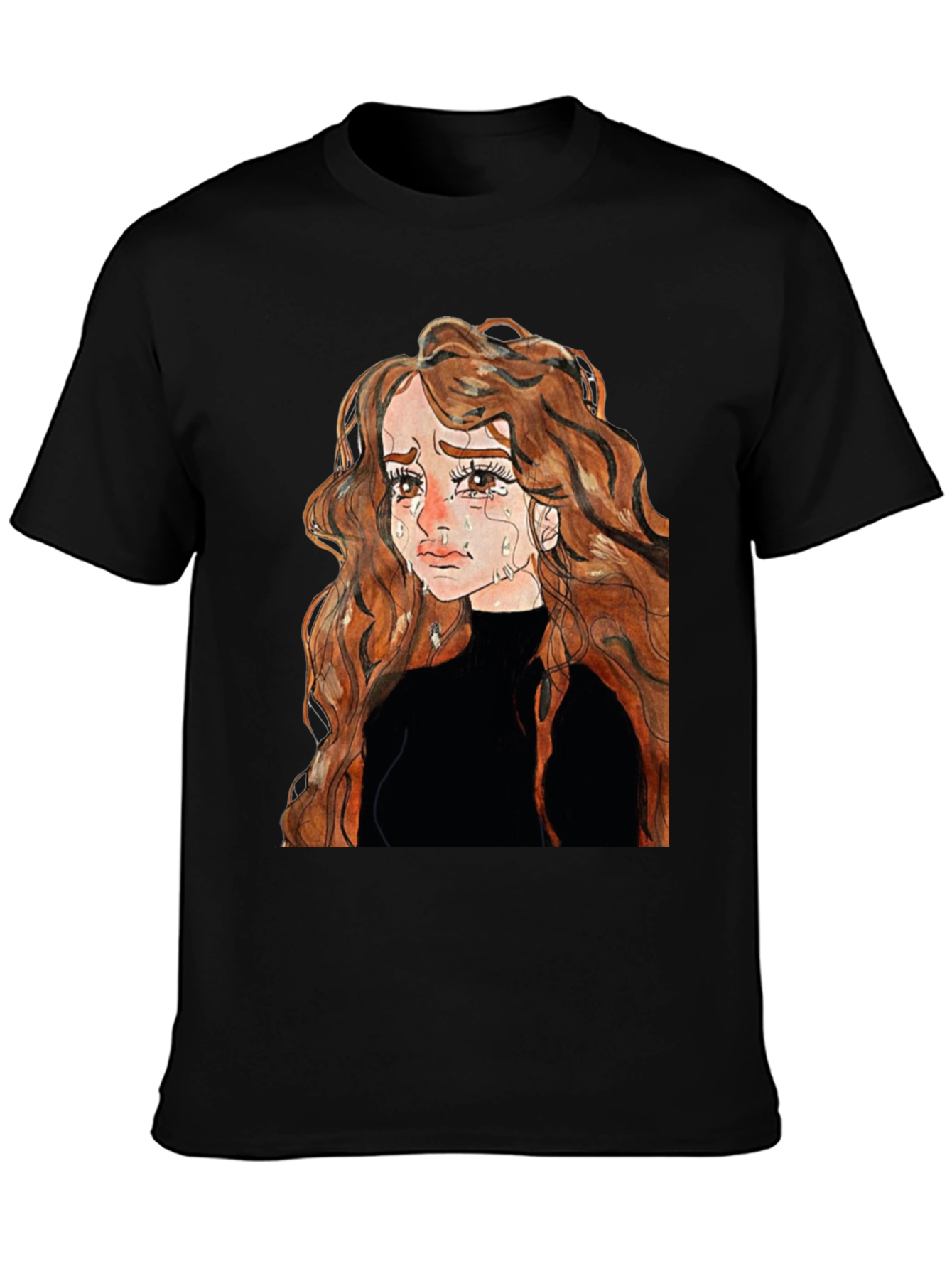 Sad Anime Girl Black T-Shirt