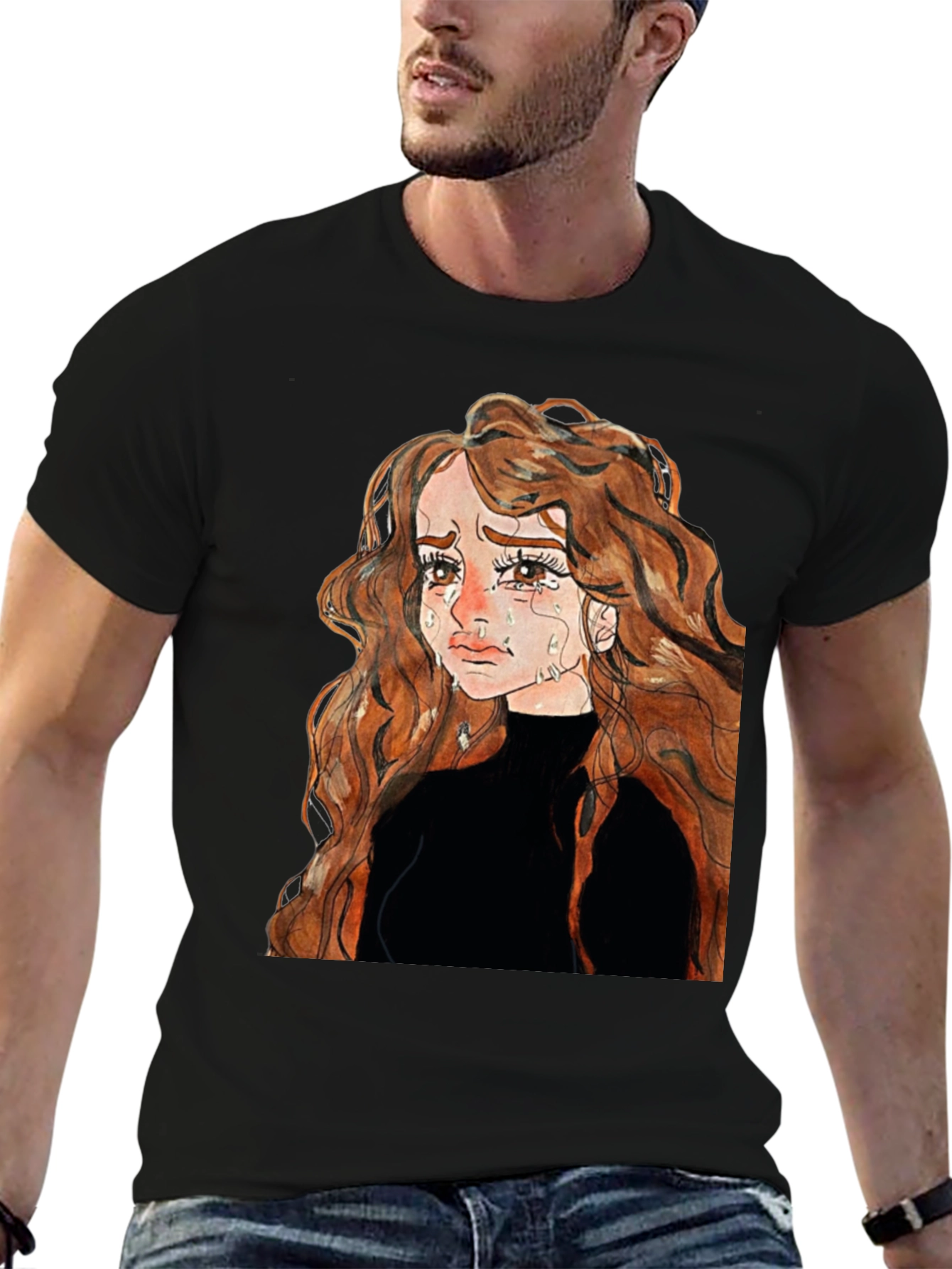 Sad Anime Girl Black T-Shirt
