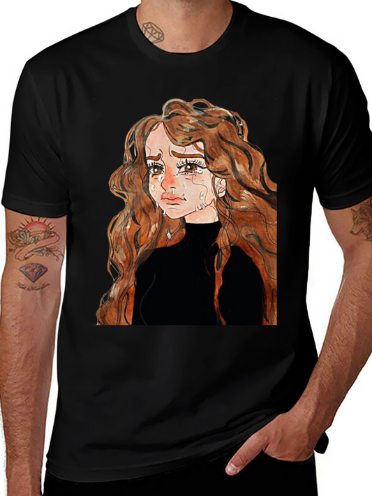Sad Anime Girl Black T-Shirt