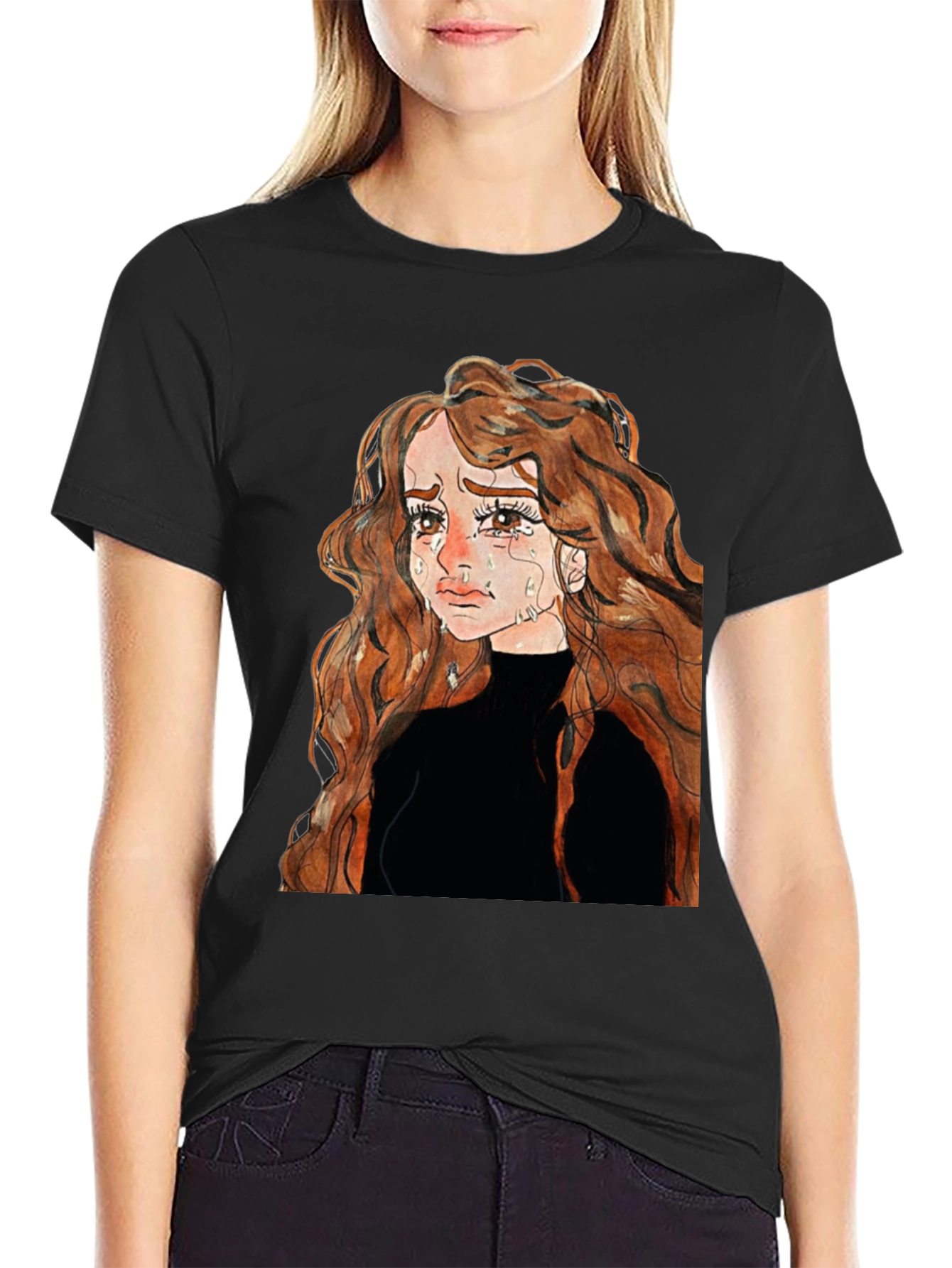 Sad Anime Girl Black T-Shirt