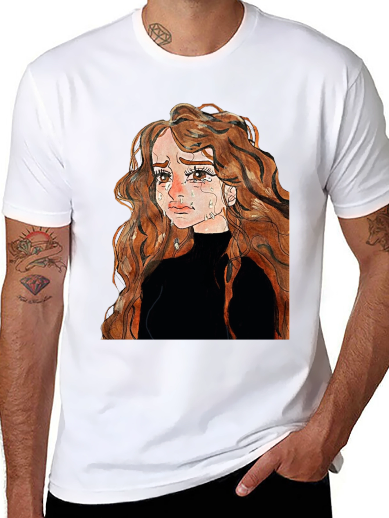 Sad Anime Girl Black T-Shirt
