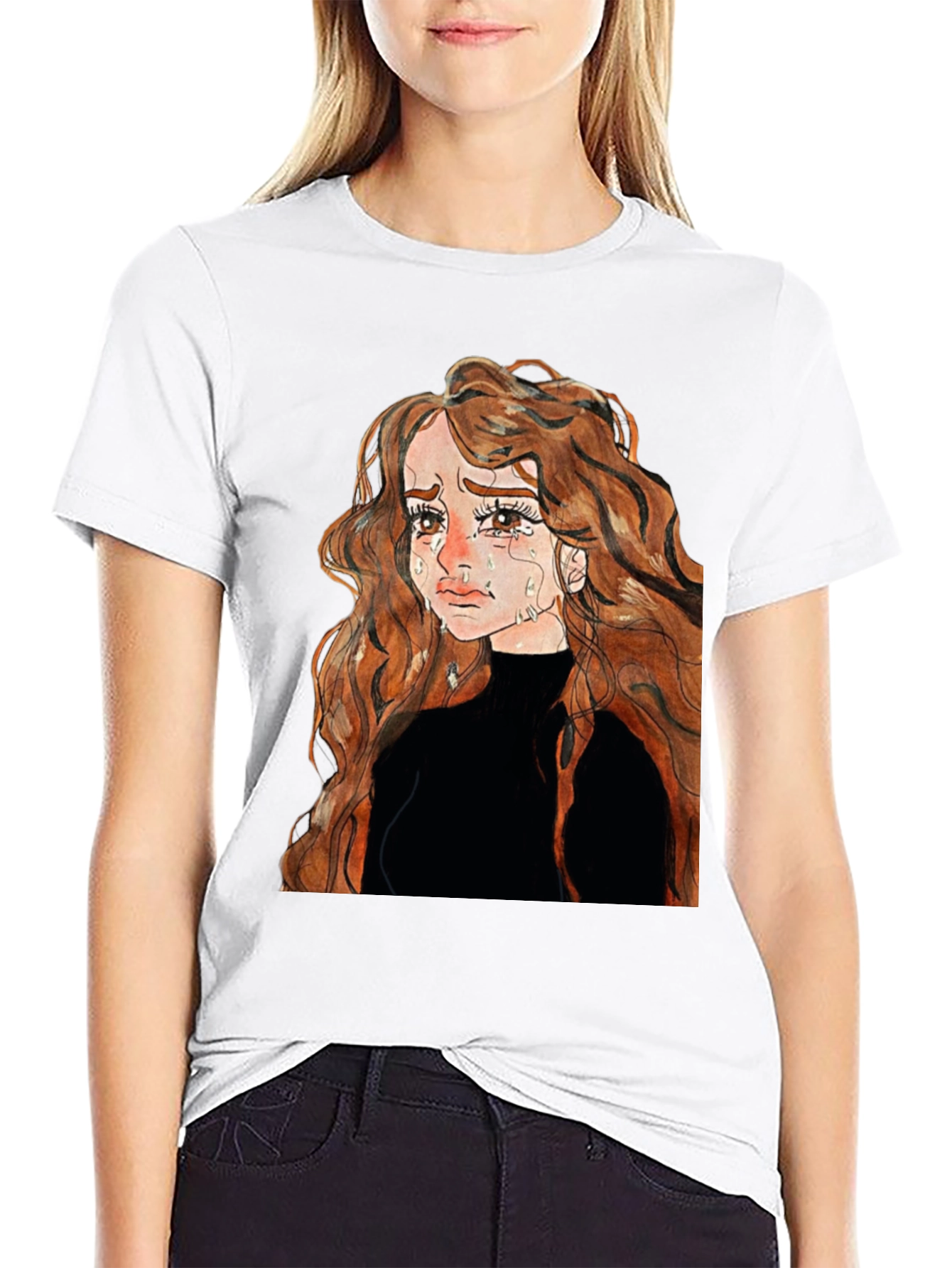 Sad Anime Girl Black T-Shirt