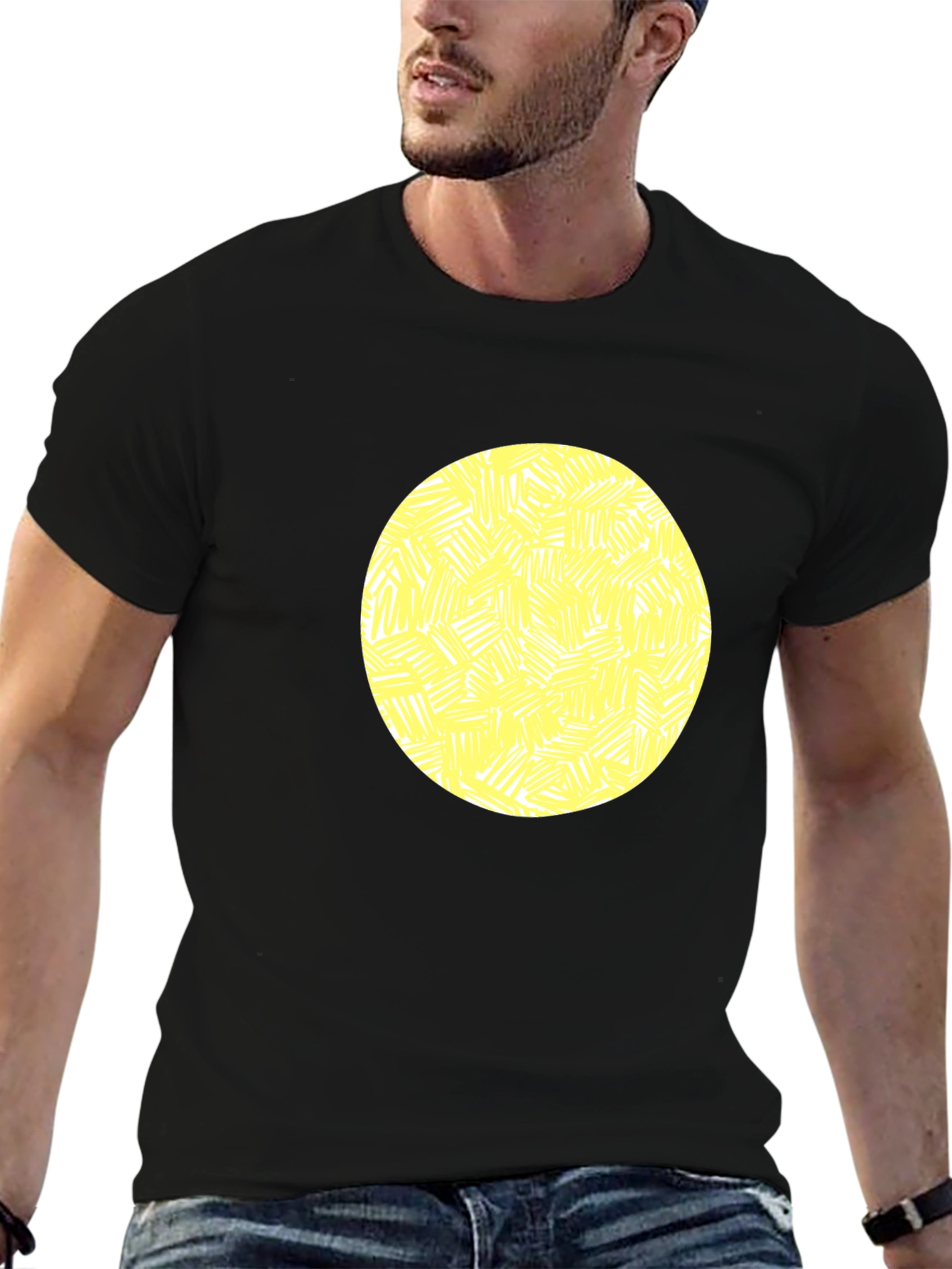 Abstract Yellow Circle Graphic Black T-Shirt