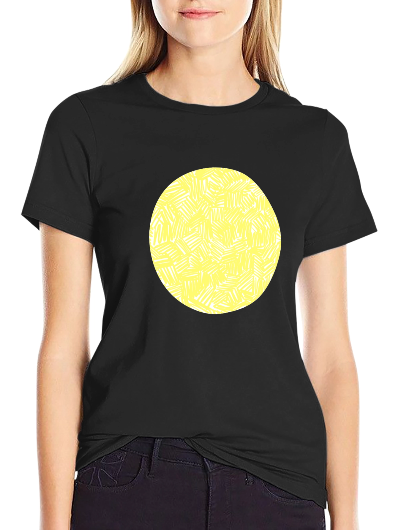 Abstract Yellow Circle Graphic Black T-Shirt