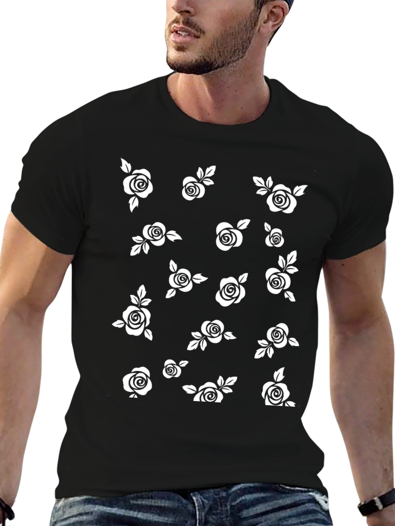 Black Tee with White Floral Pattern