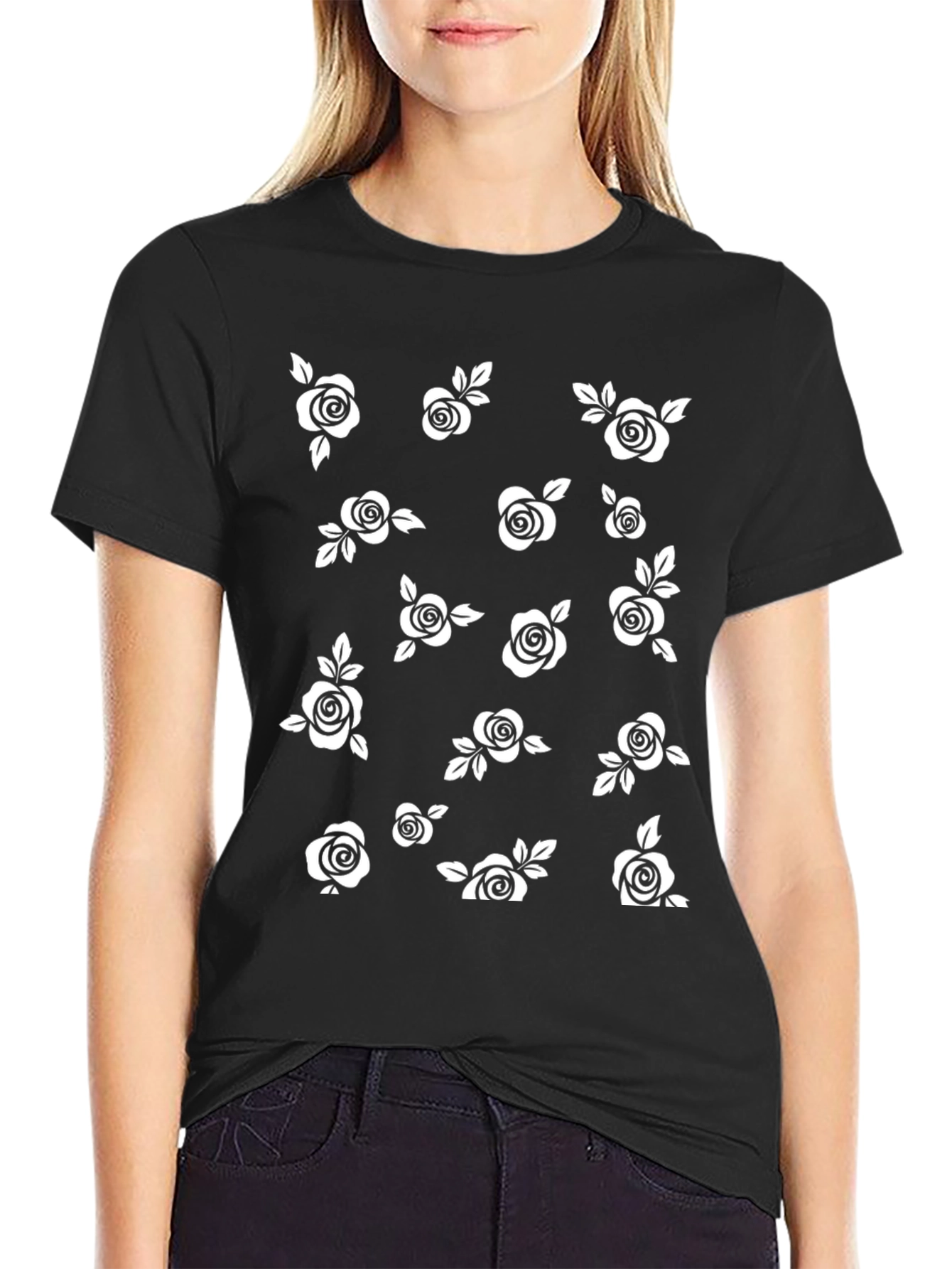 Black Tee with White Floral Pattern