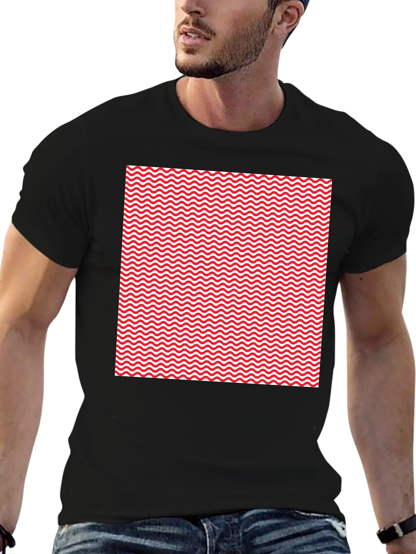 Red Wave Patterned Black T-Shirt