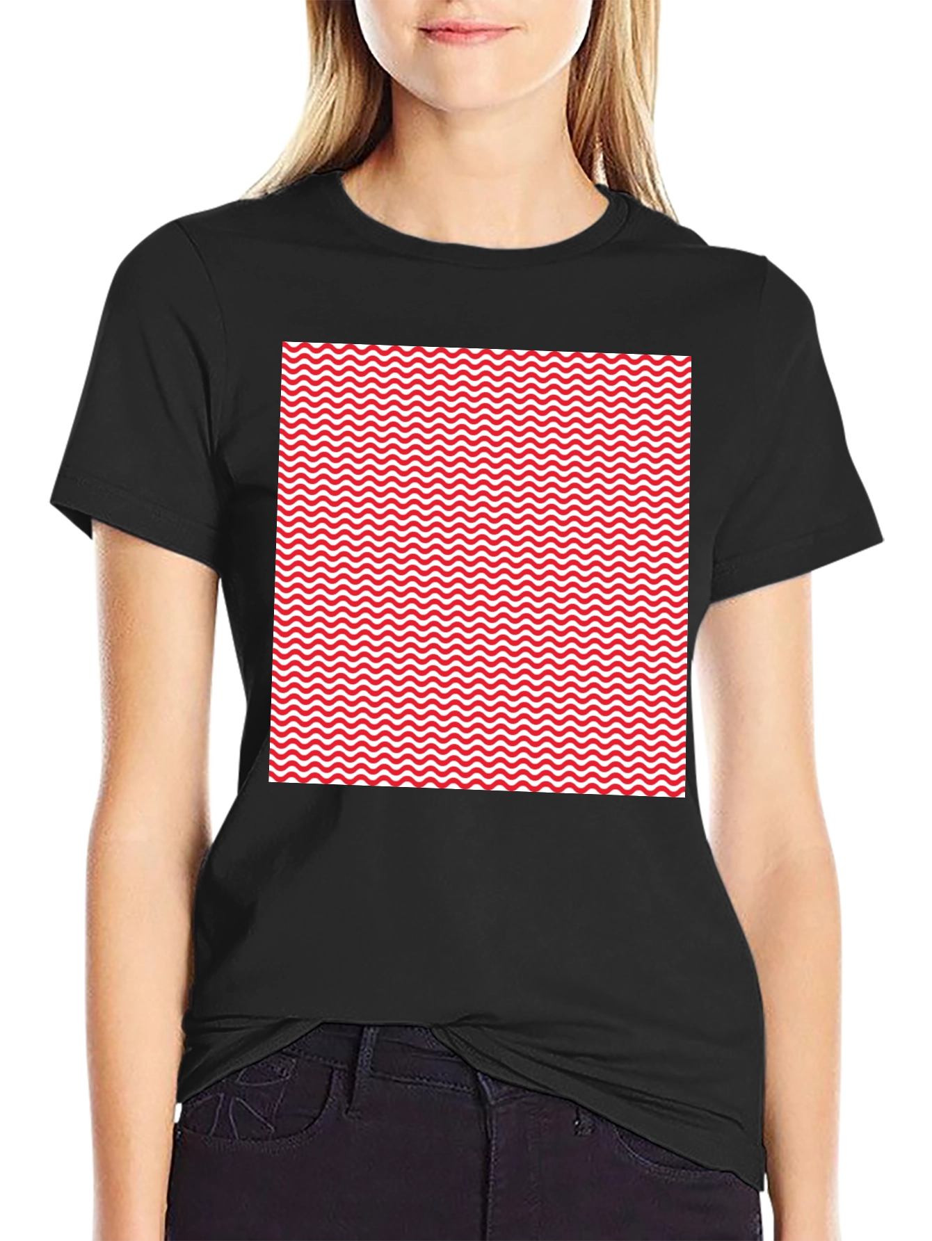 Red Wave Patterned Black T-Shirt