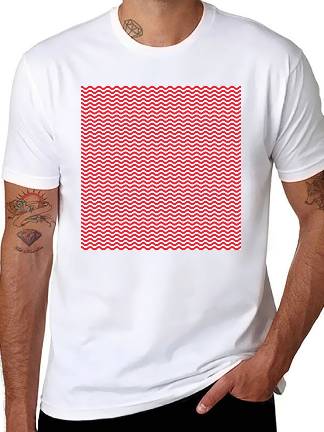 Red Wave Patterned Black T-Shirt