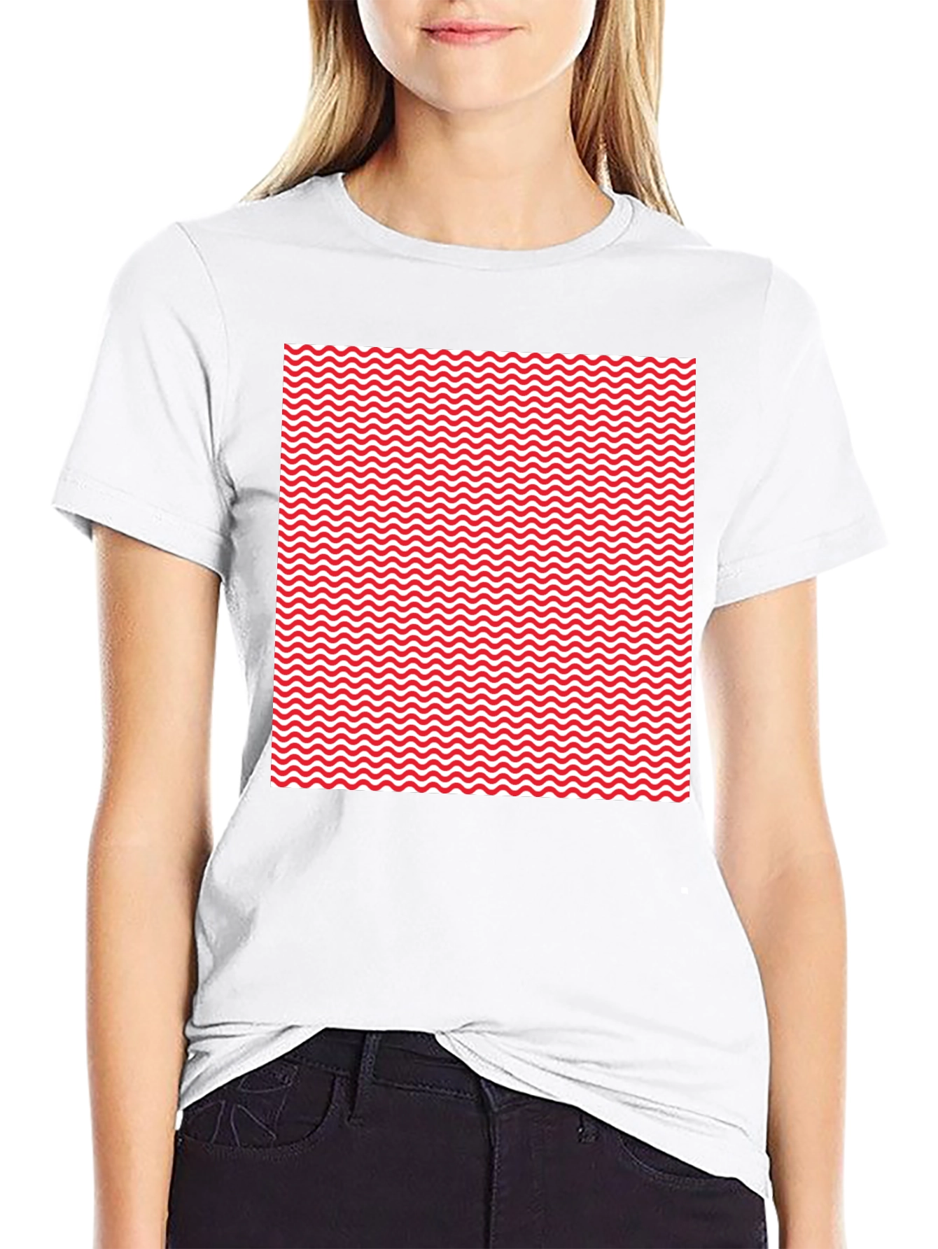 Red Wave Patterned Black T-Shirt