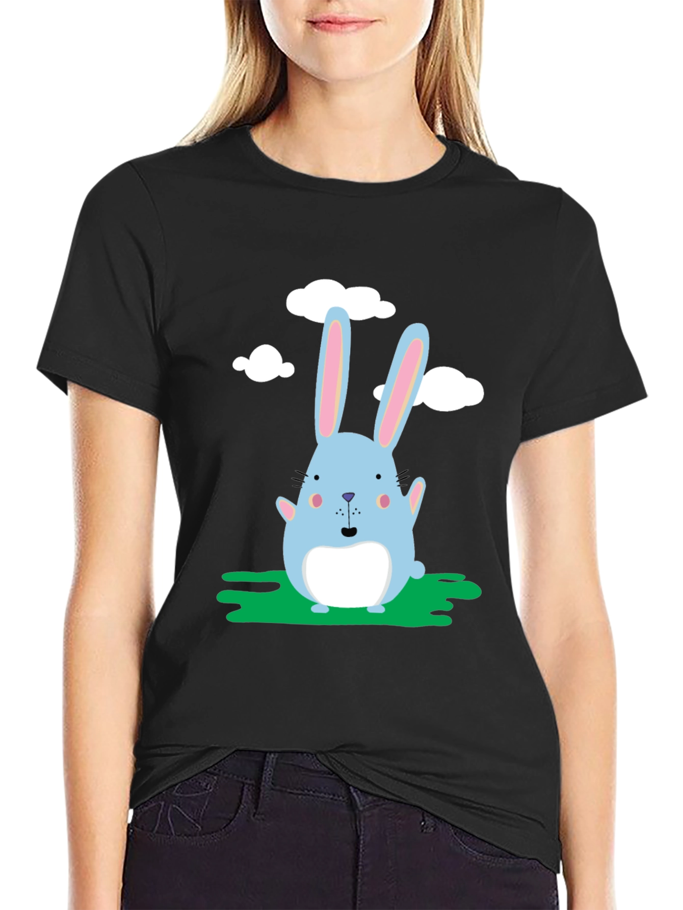 Cute Bunny Graphic Black T-Shirt