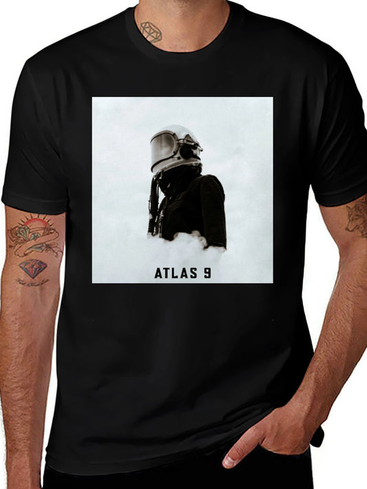 Atlas 9 Graphic Tee - Astronaut Helmet Design Black Cotton T-Shirt