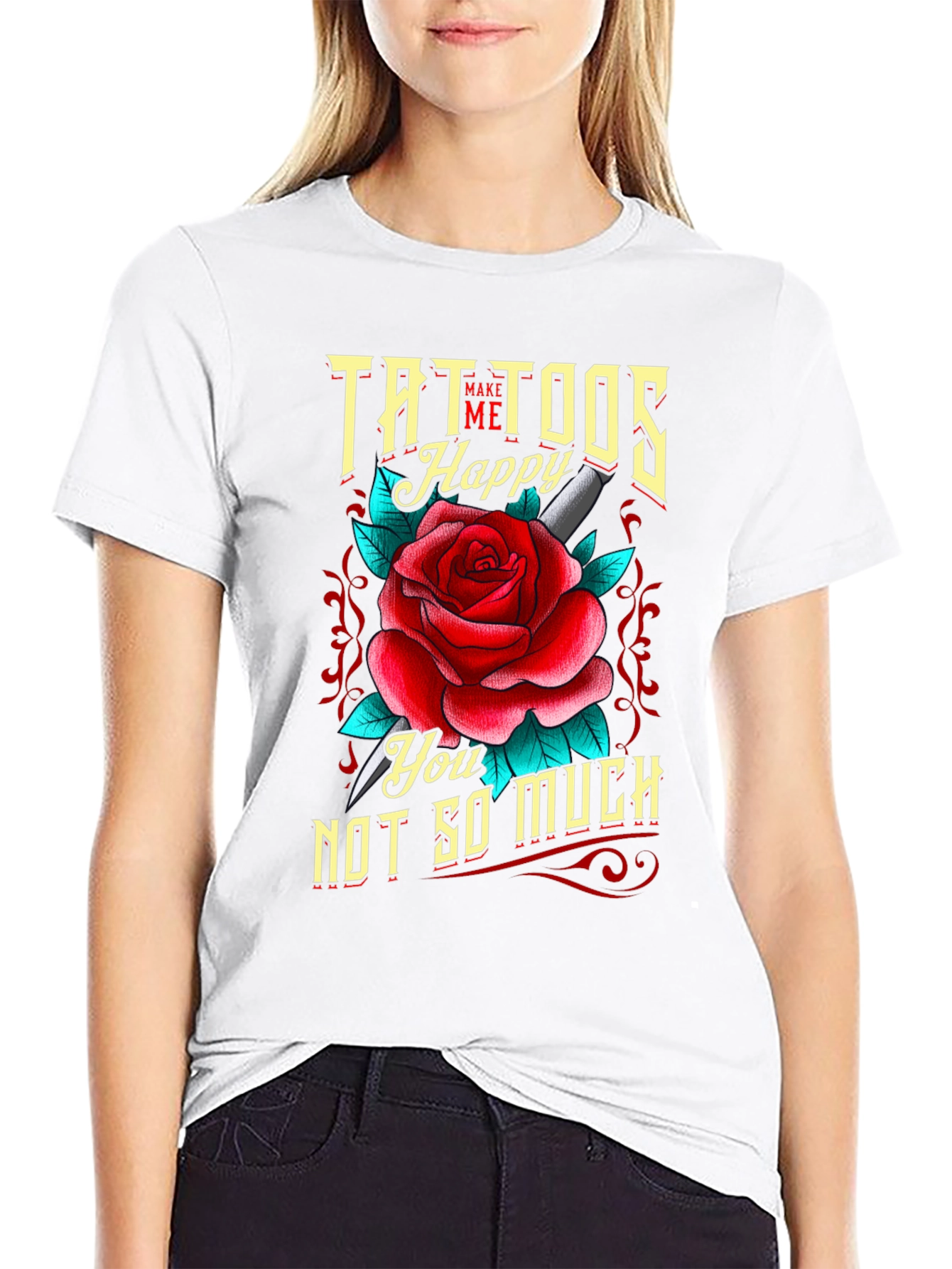 Tattoos Make Me Happy Mens T-Shirt Rose Graphic Tee
