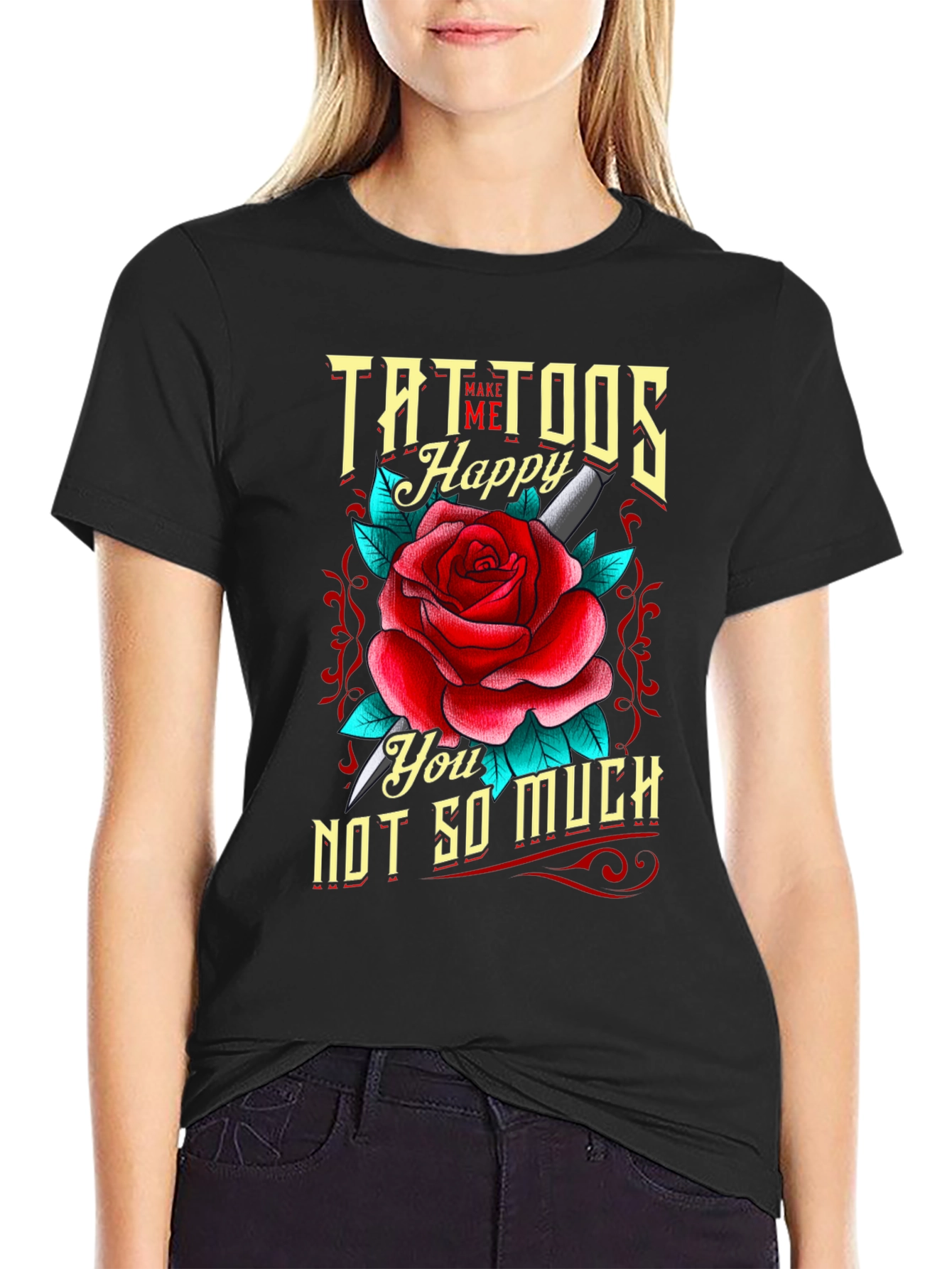 Tattoos Make Me Happy Mens T-Shirt Rose Graphic Tee