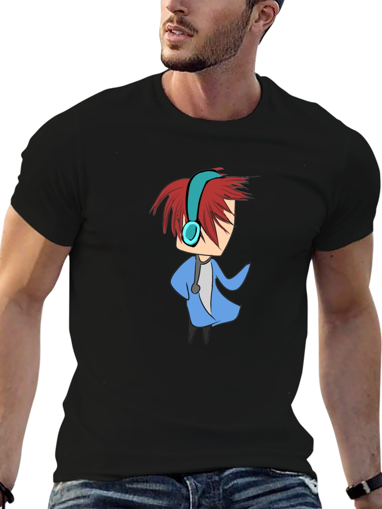 Cartoon Character Graphic Tee - Black Cotton Blend