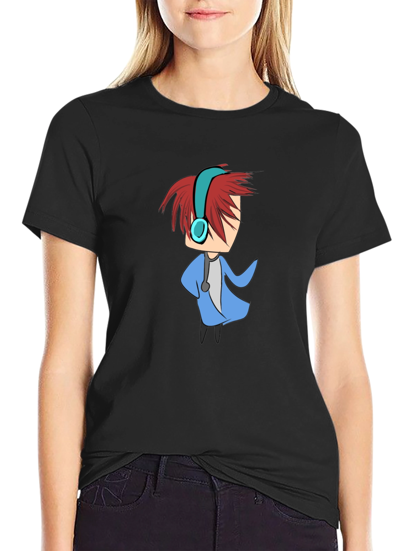 Cartoon Character Graphic Tee - Black Cotton Blend