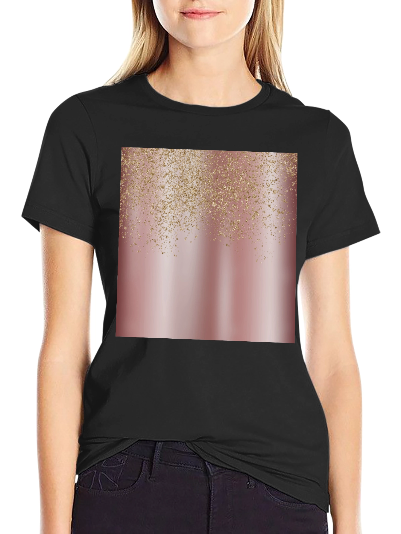 Rose Gold Glitter Cascade Black Tee