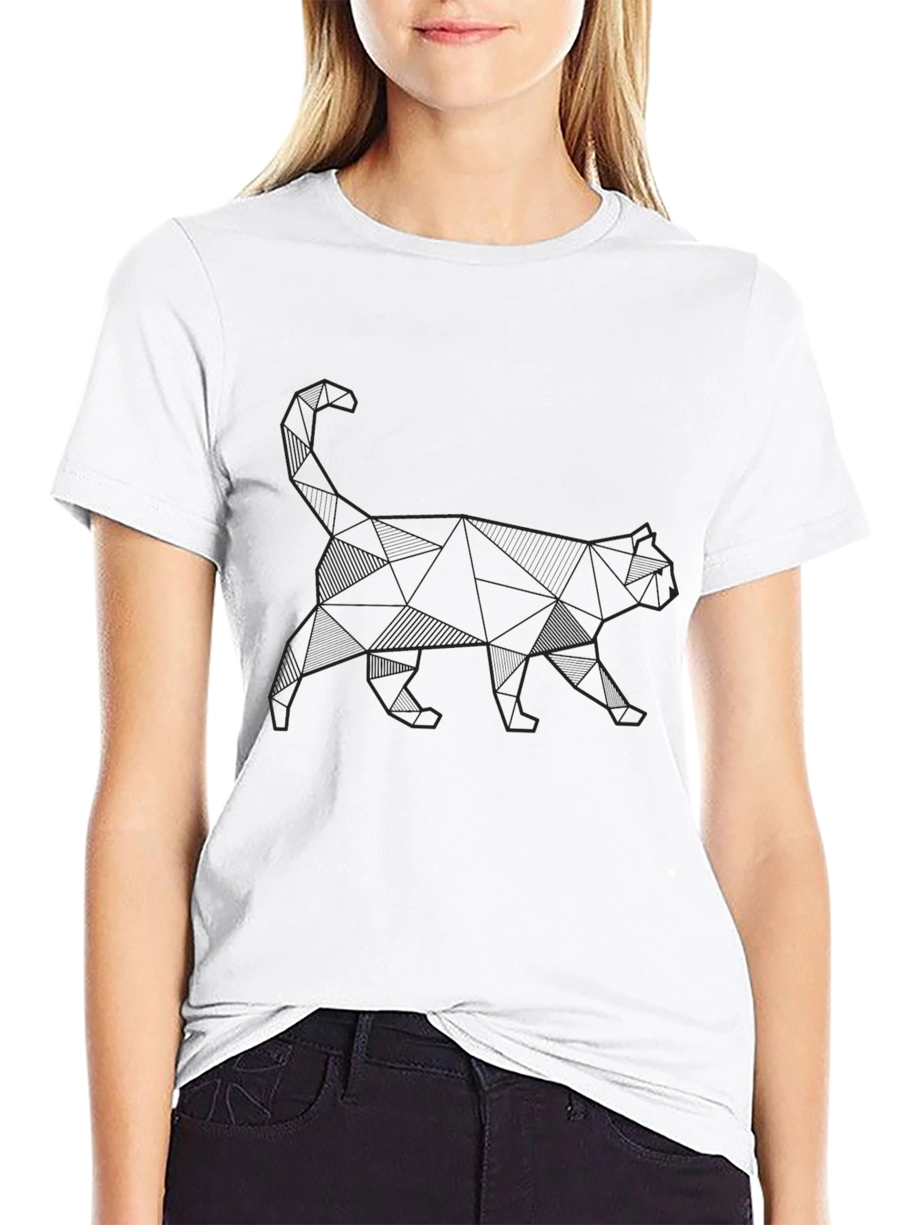 Geometric Cat Print Black T-Shirt