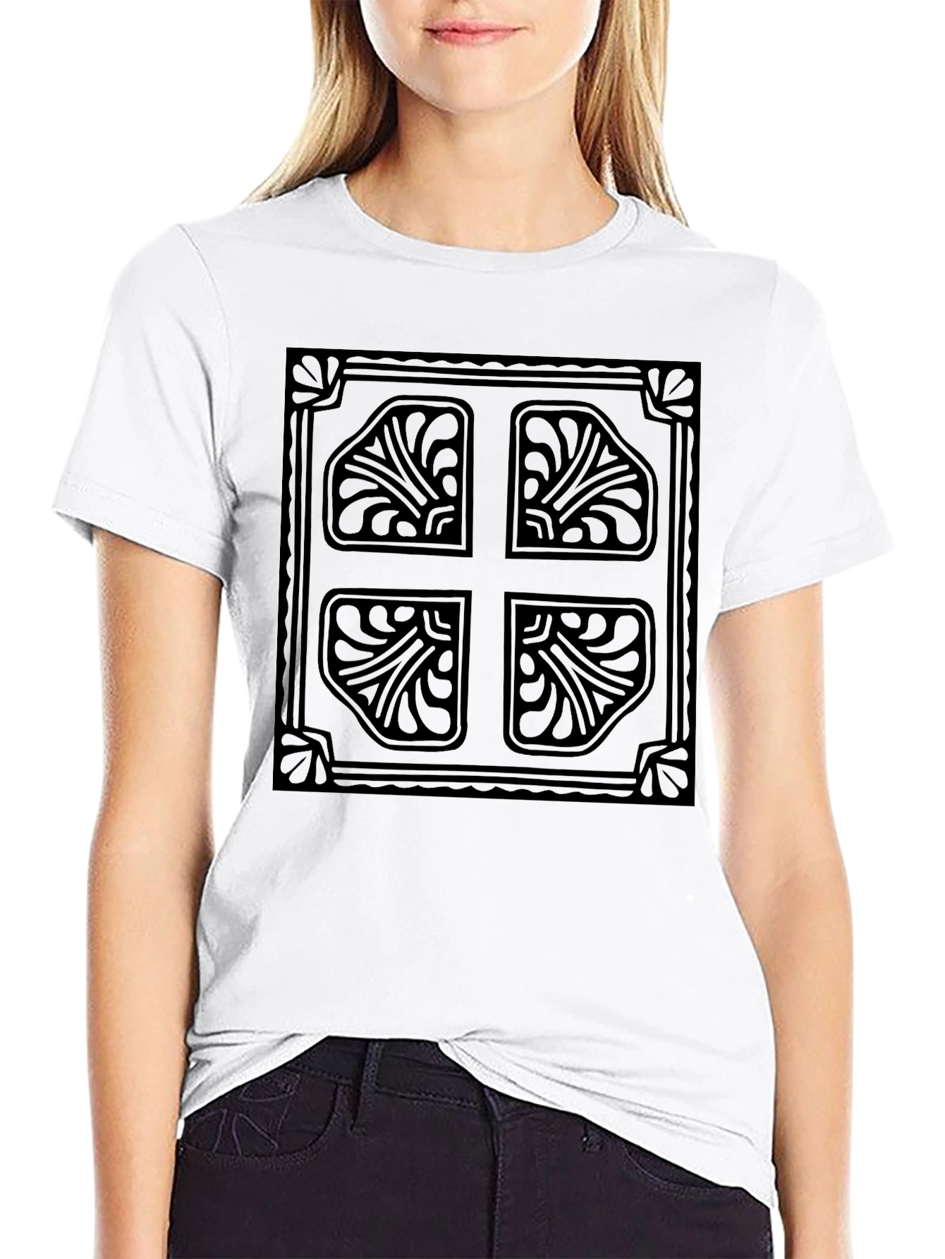 Elegant Black T-Shirt with Ornate Cross Design