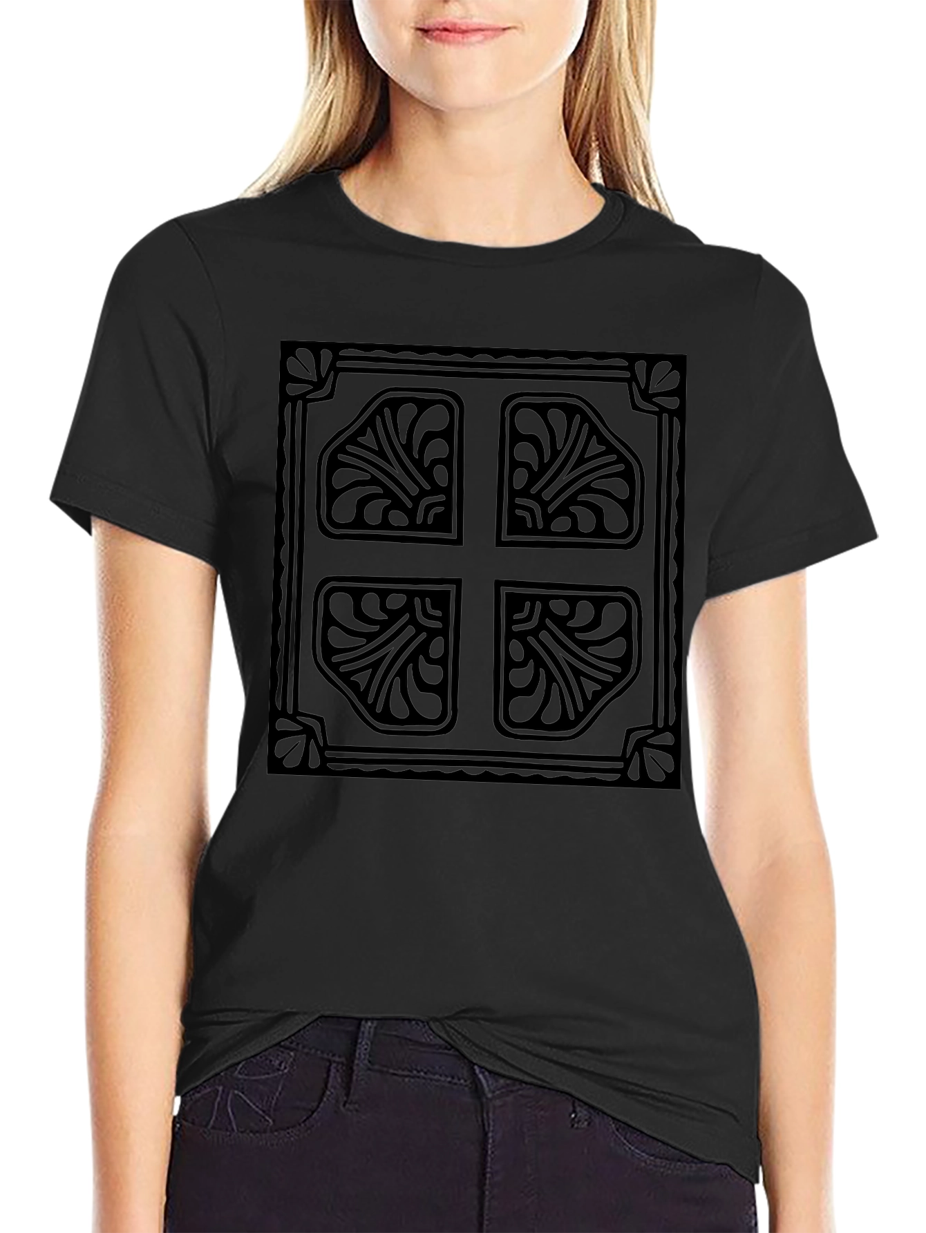Elegant Black T-Shirt with Ornate Cross Design
