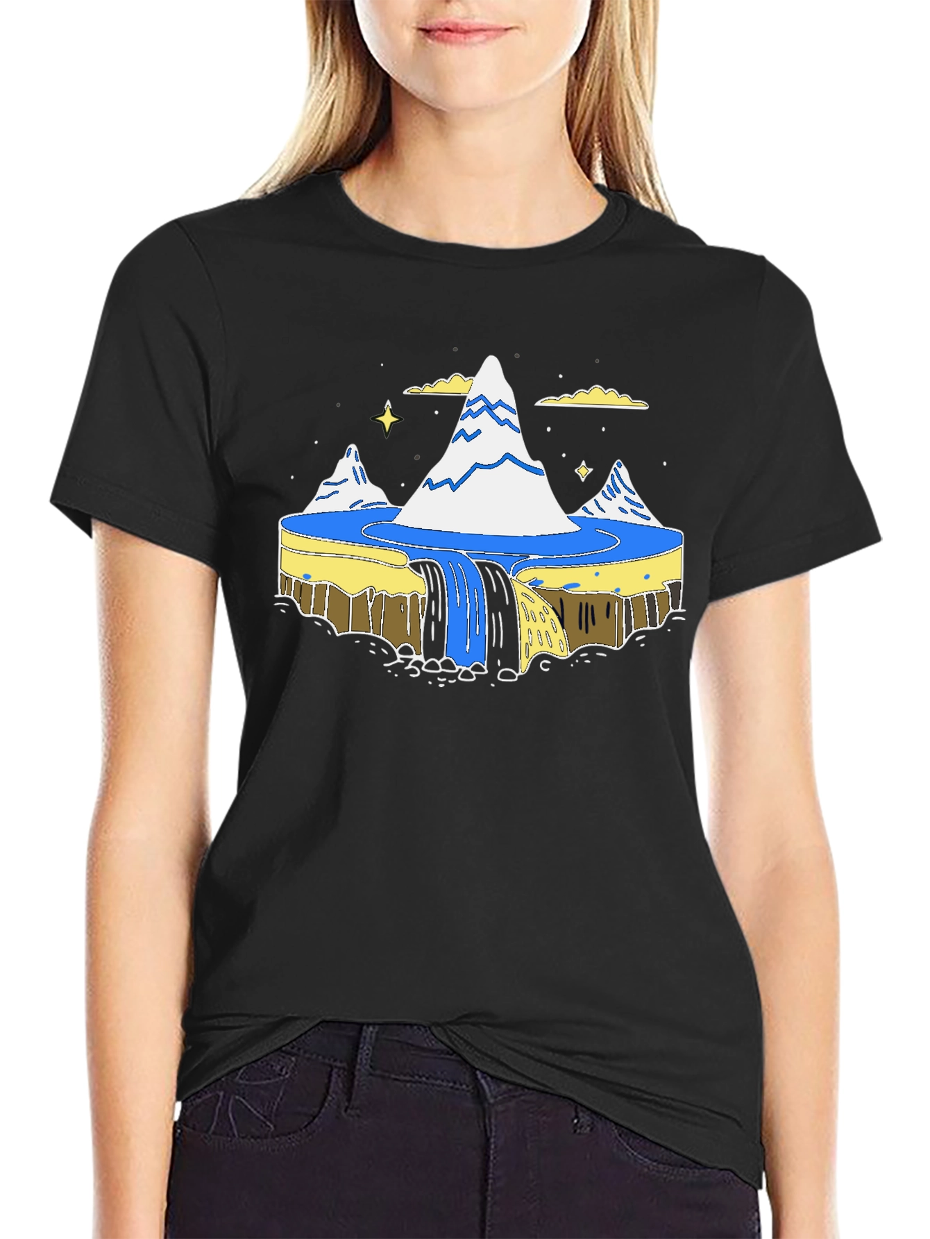 Flat Earth Society Waterfall Black T-Shirt