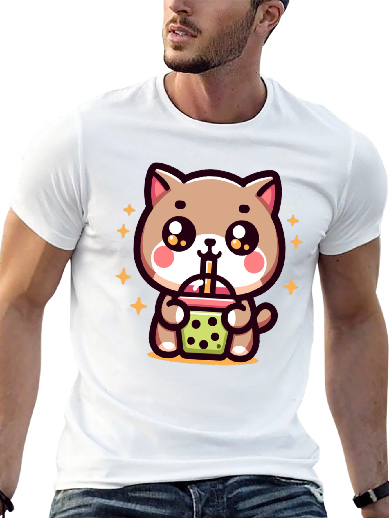 Cute Cat Boba Tea Graphic Tee - Black
