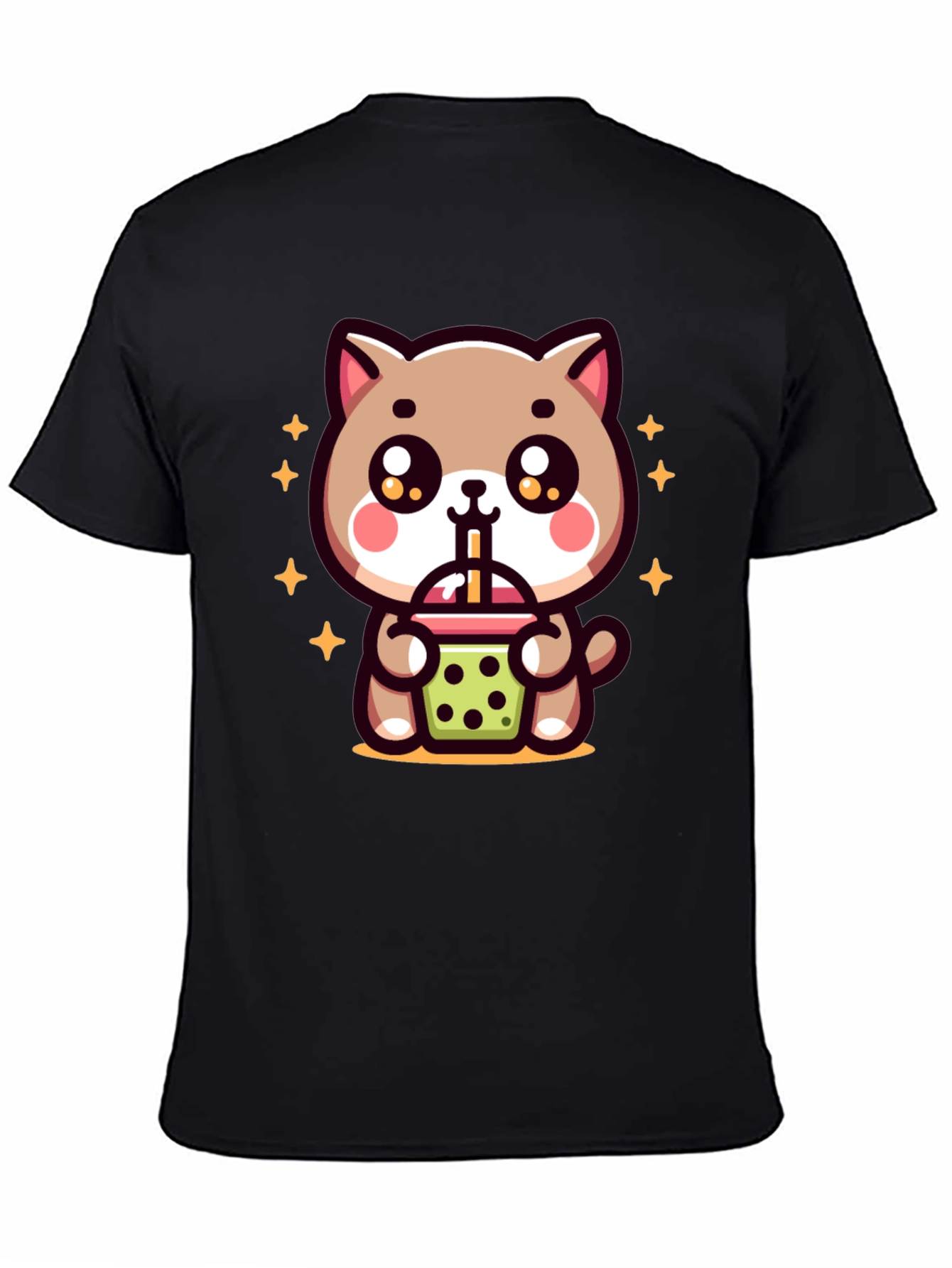 Cute Cat Boba Tea Graphic Tee - Black
