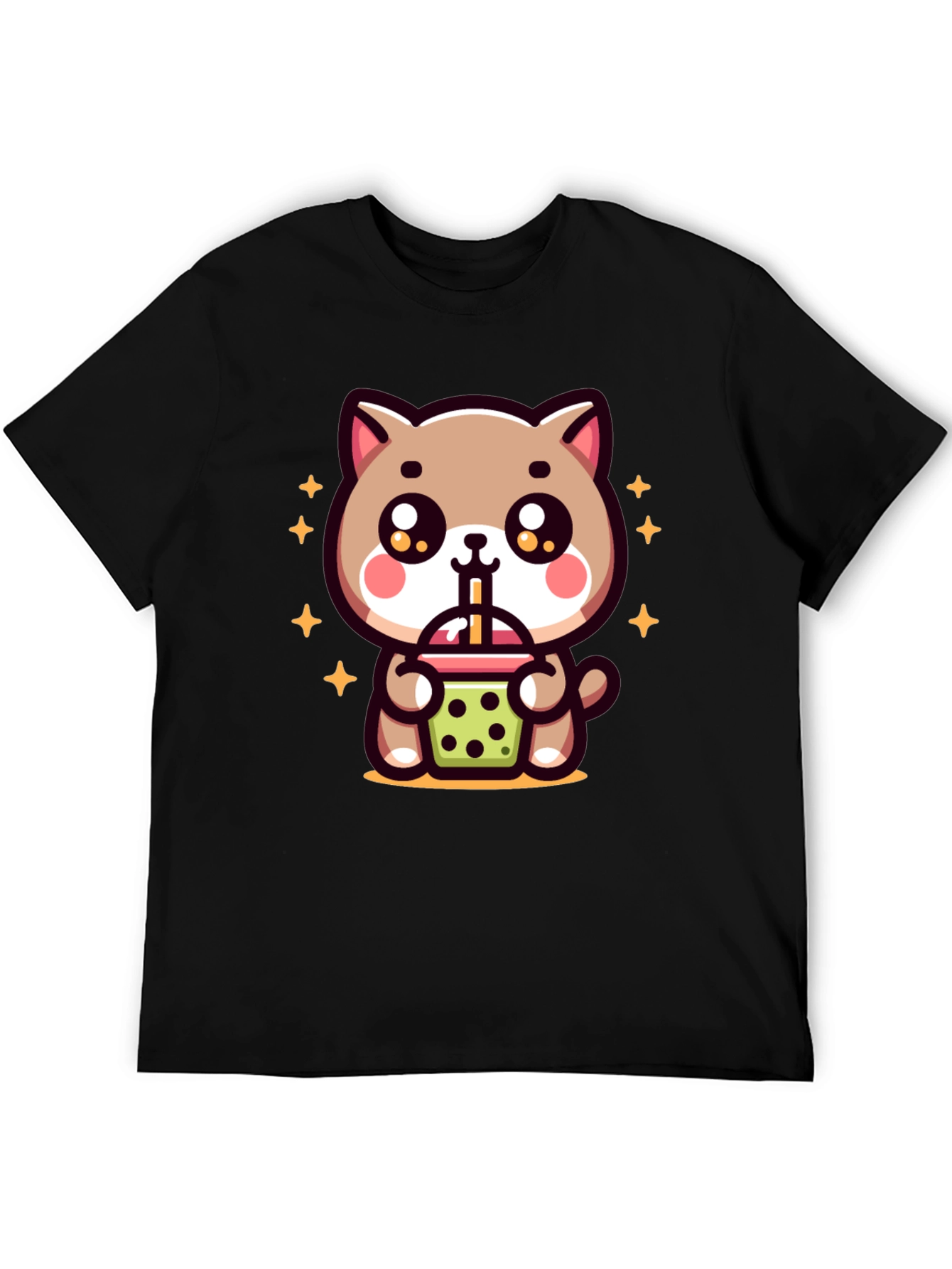 Cute Cat Boba Tea Graphic Tee - Black