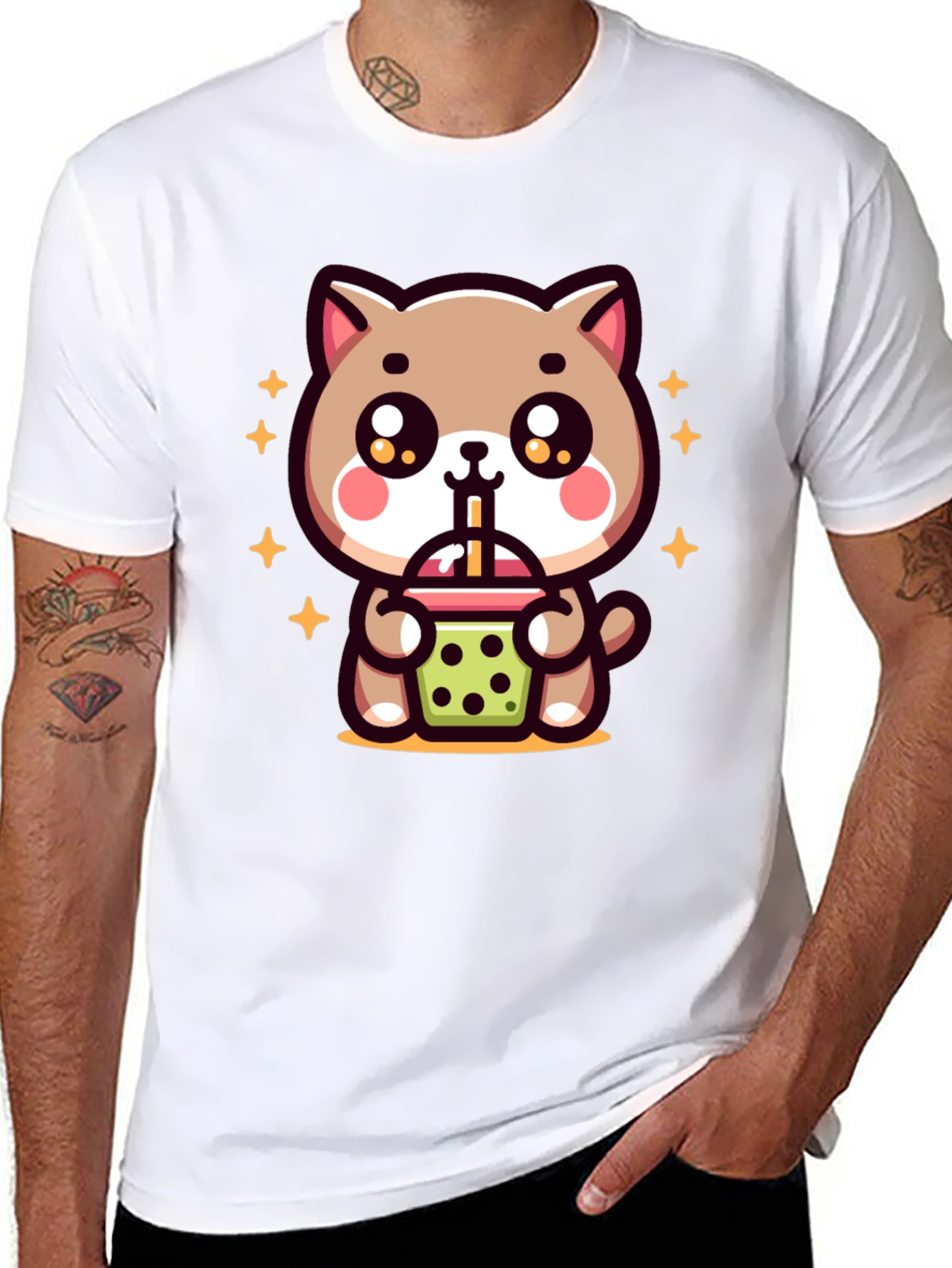 Cute Cat Boba Tea Graphic Tee - Black