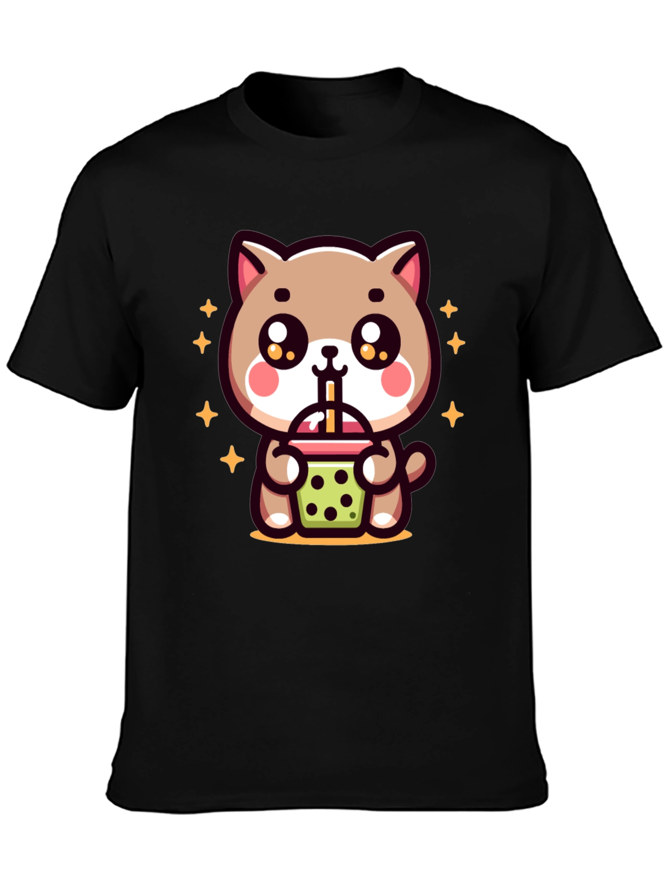 Cute Cat Boba Tea Graphic Tee - Black