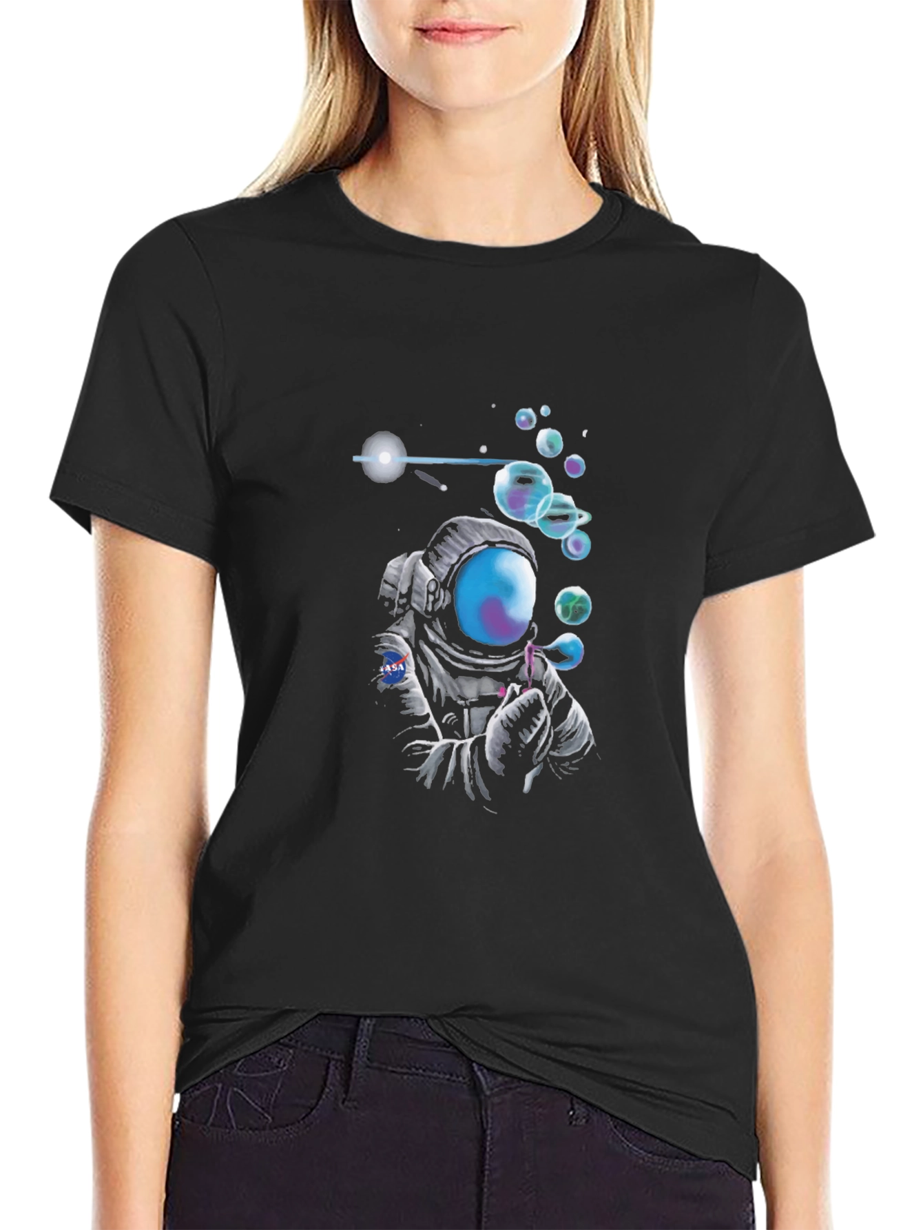 Astronaut Blowing Bubbles Graphic Tee - Black
