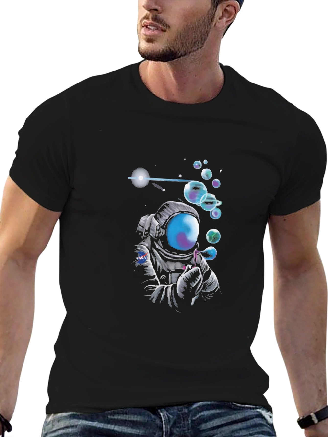 Astronaut Blowing Bubbles Graphic Tee - Black