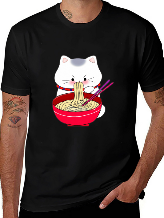 Cute Cat Ramen T-Shirt - Black Cartoon Graphic Tee