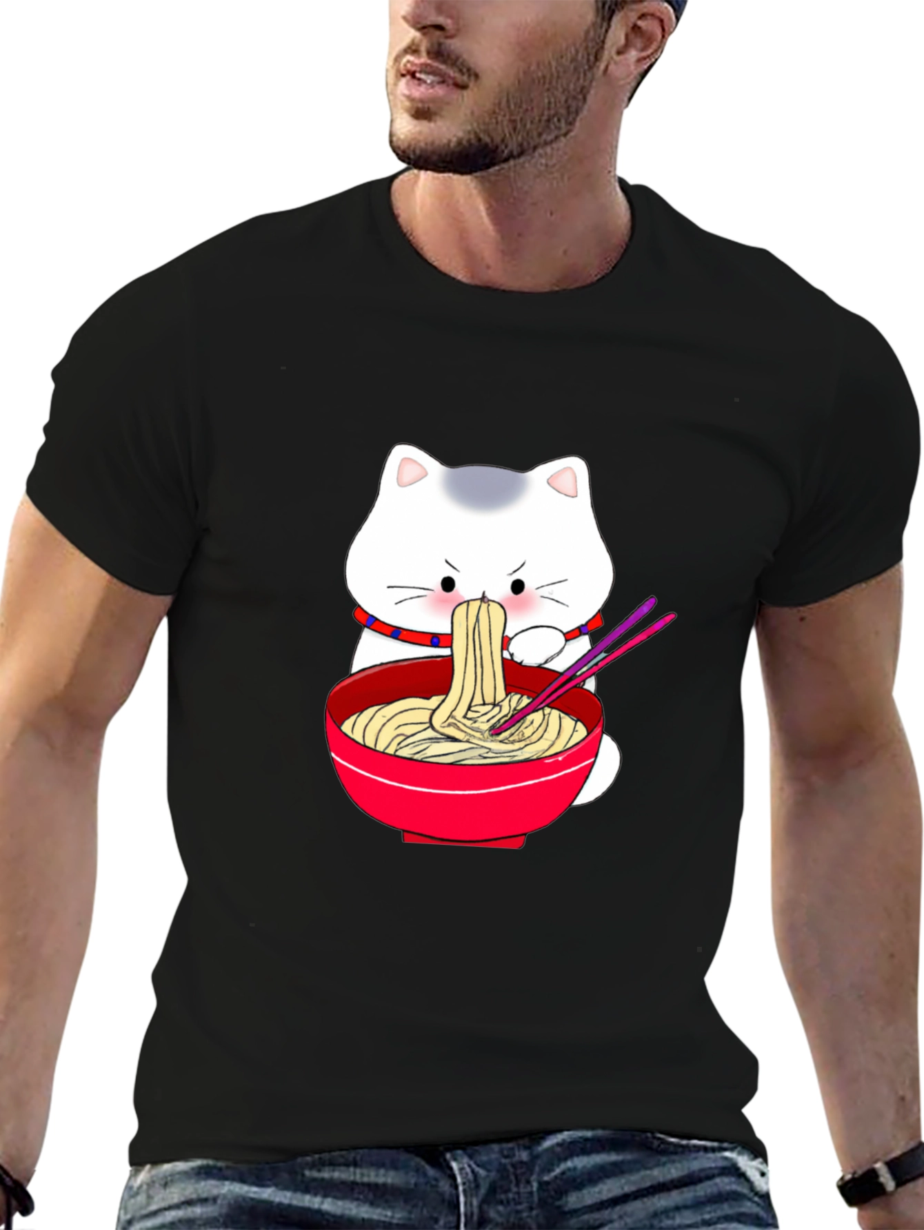 Cute Cat Ramen T-Shirt - Black Cartoon Graphic Tee