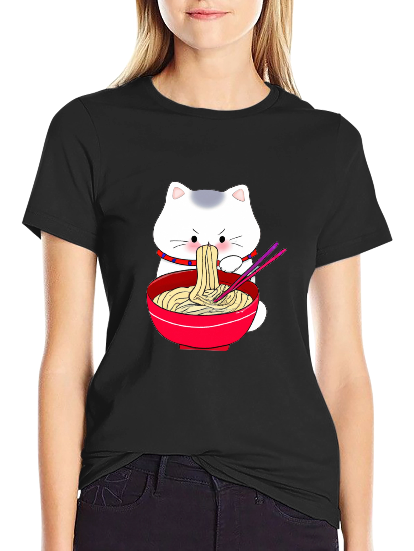 Cute Cat Ramen T-Shirt - Black Cartoon Graphic Tee