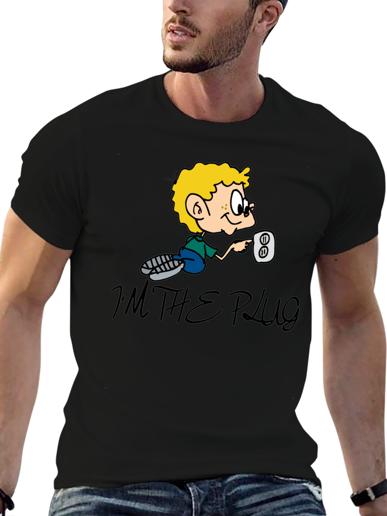 Im The Plug Cartoon Graphic Black T-Shirt