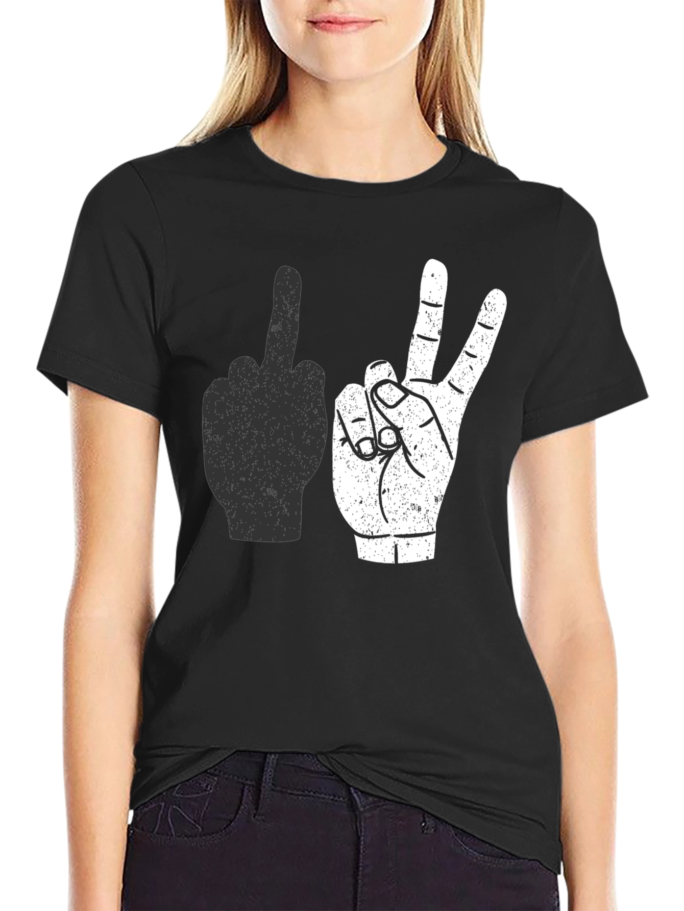 Middle Finger & Peace Sign Graphic Tee - Black