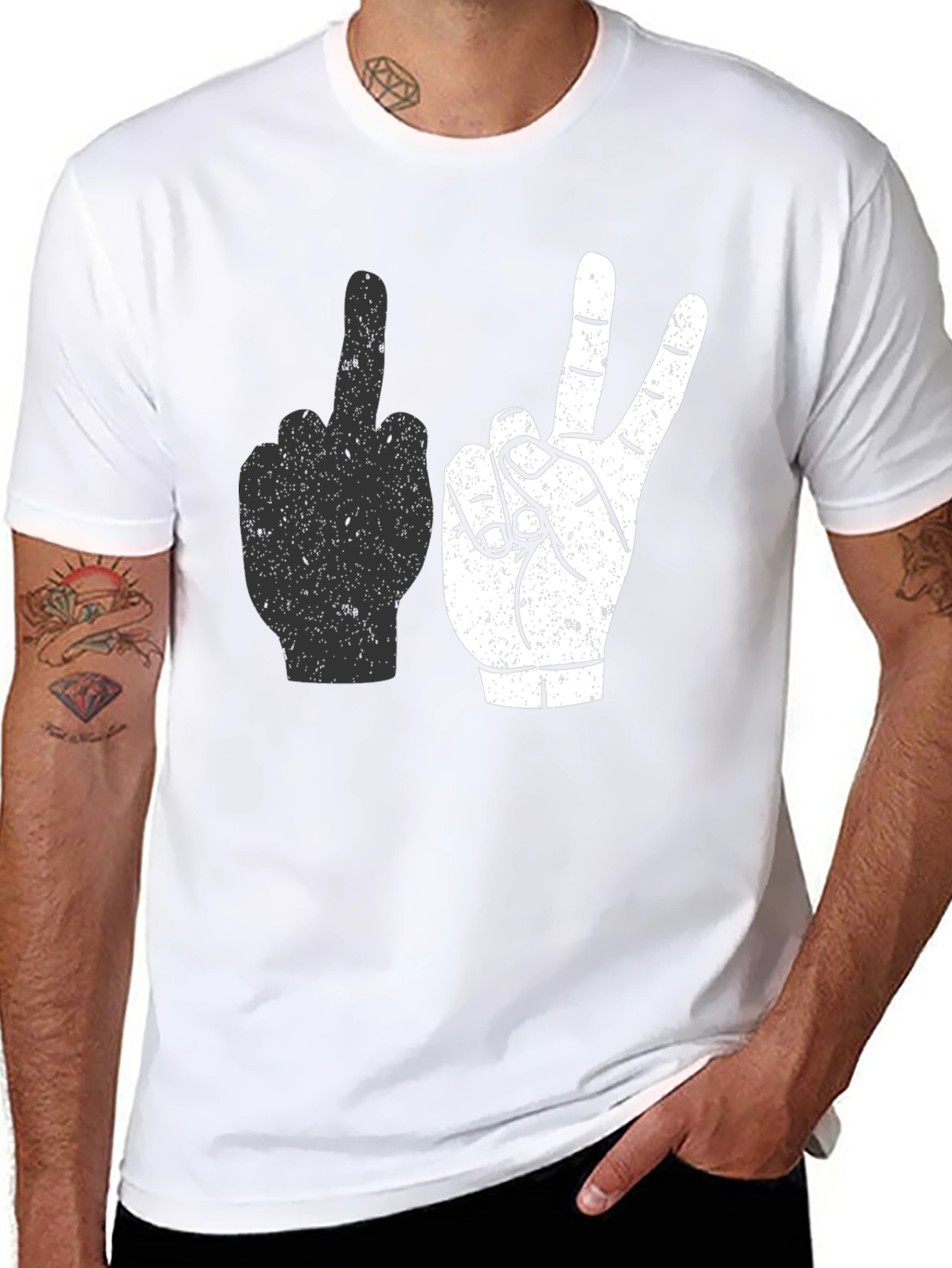 Middle Finger & Peace Sign Graphic Tee - Black