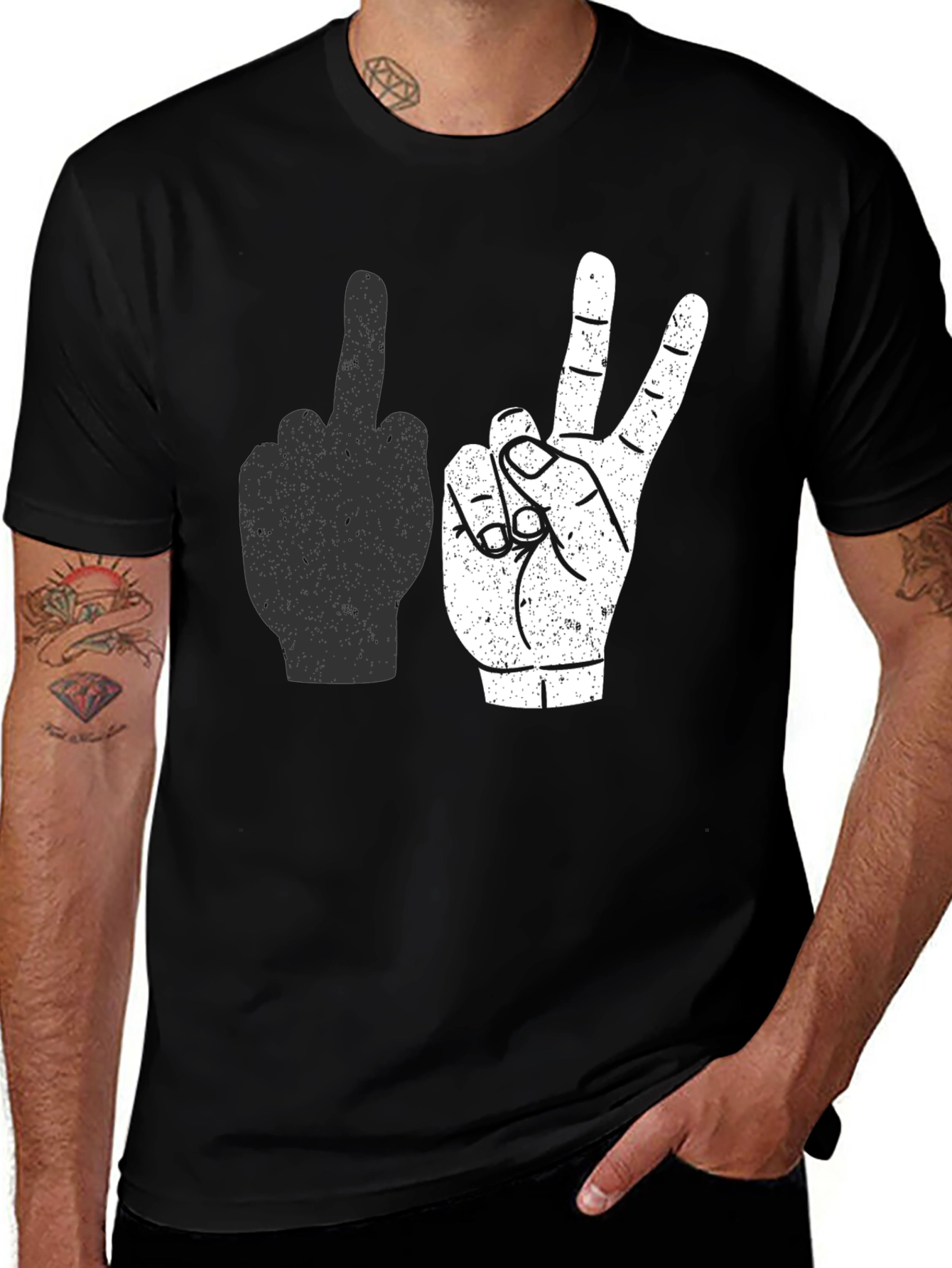 Middle Finger & Peace Sign Graphic Tee - Black