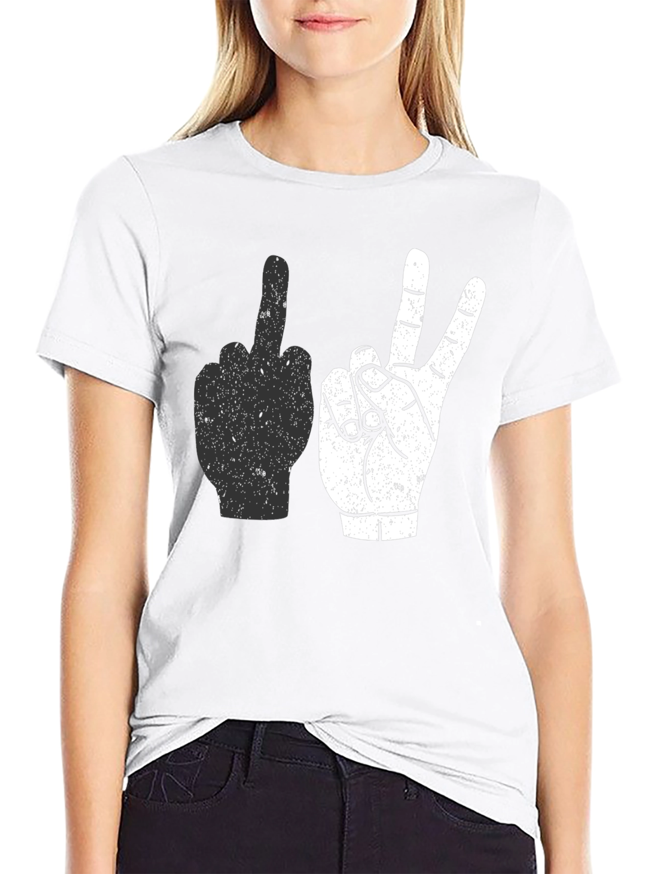 Middle Finger & Peace Sign Graphic Tee - Black