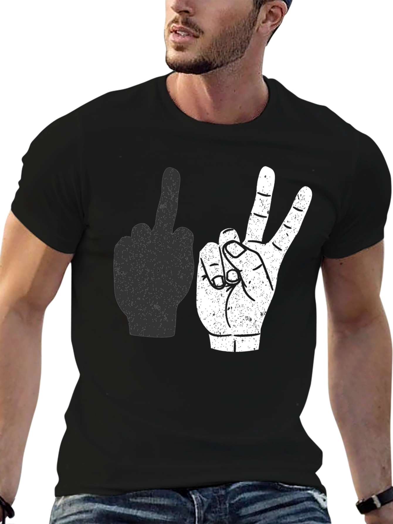 Middle Finger & Peace Sign Graphic Tee - Black