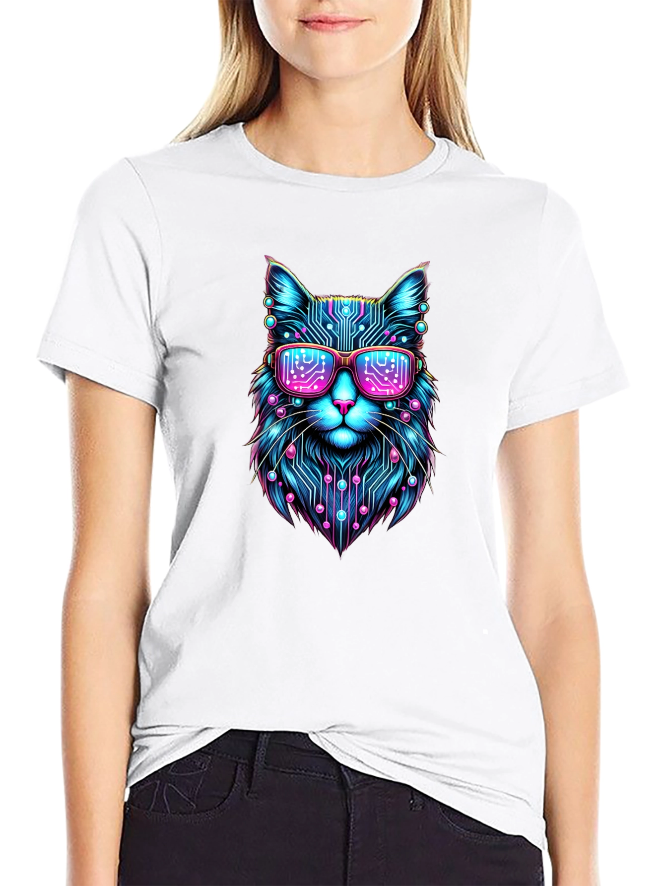 Cyberpunk Cat T-Shirt Futuristic Neon Kitty Tee