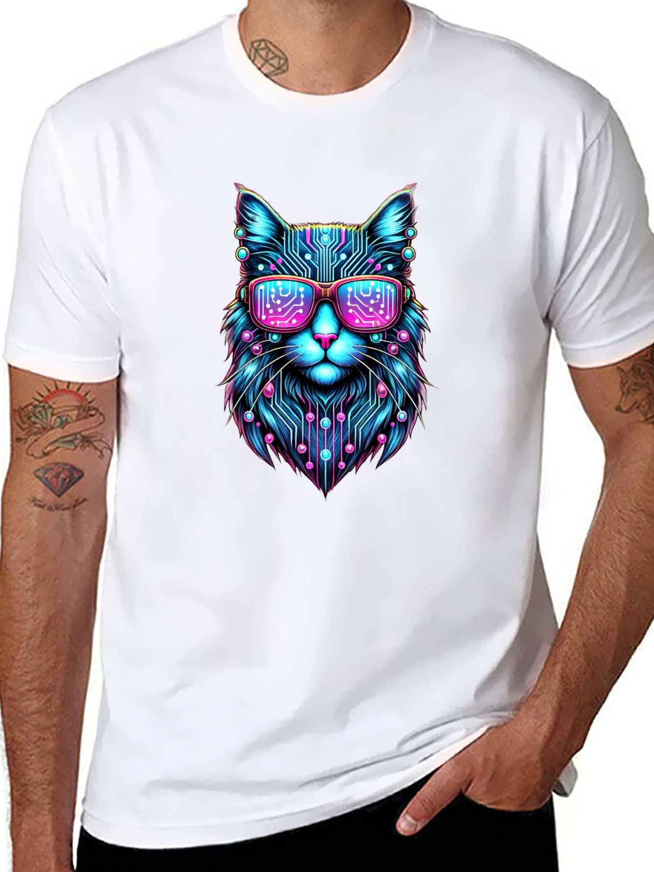 Cyberpunk Cat T-Shirt Futuristic Neon Kitty Tee