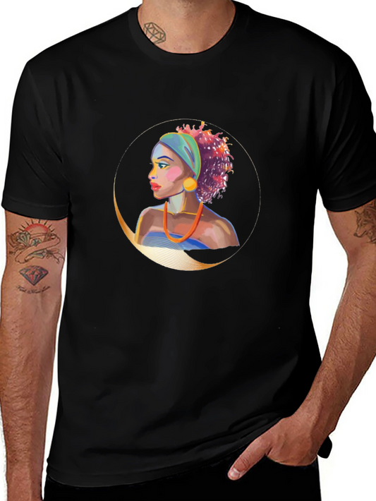 Black T-Shirt with Colorful Portrait Graphic